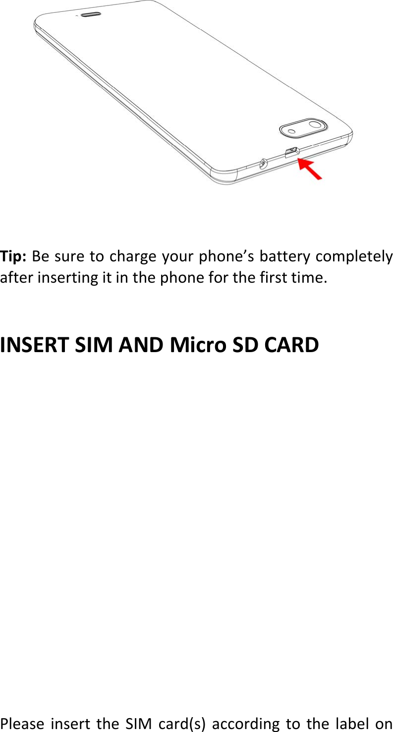  Tip:Besuretochargeyourphone’sbatterycompletelyafterinsertingitinthephoneforthefirsttime.INSERTSIMANDMicroSDCARD PleaseinserttheSIMcard(s)accordingtothelabelon