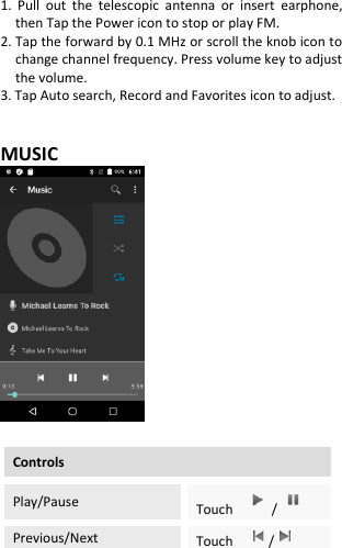  1.  Pull  out  the  telescopic  antenna  or  insert  earphone, then Tap the Power icon to stop or play FM. 2. Tap the forward by 0.1 MHz or scroll the knob icon to change channel frequency. Press volume key to adjust the volume. 3. Tap Auto search, Record and Favorites icon to adjust.   MUSIC   Controls Play/Pause Touch  /  Previous/Next Touch    /  