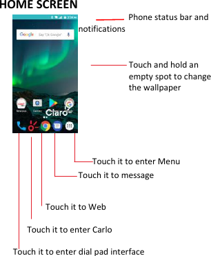 HOME SCREEN                                           Phone status bar and notifications                      Touch and hold an empty spot to change the wallpaper                                         Touch it to enter Menu                  Touch it to message            Touch it to Web Touch it to enter Carlo    Touch it to enter dial pad interface       