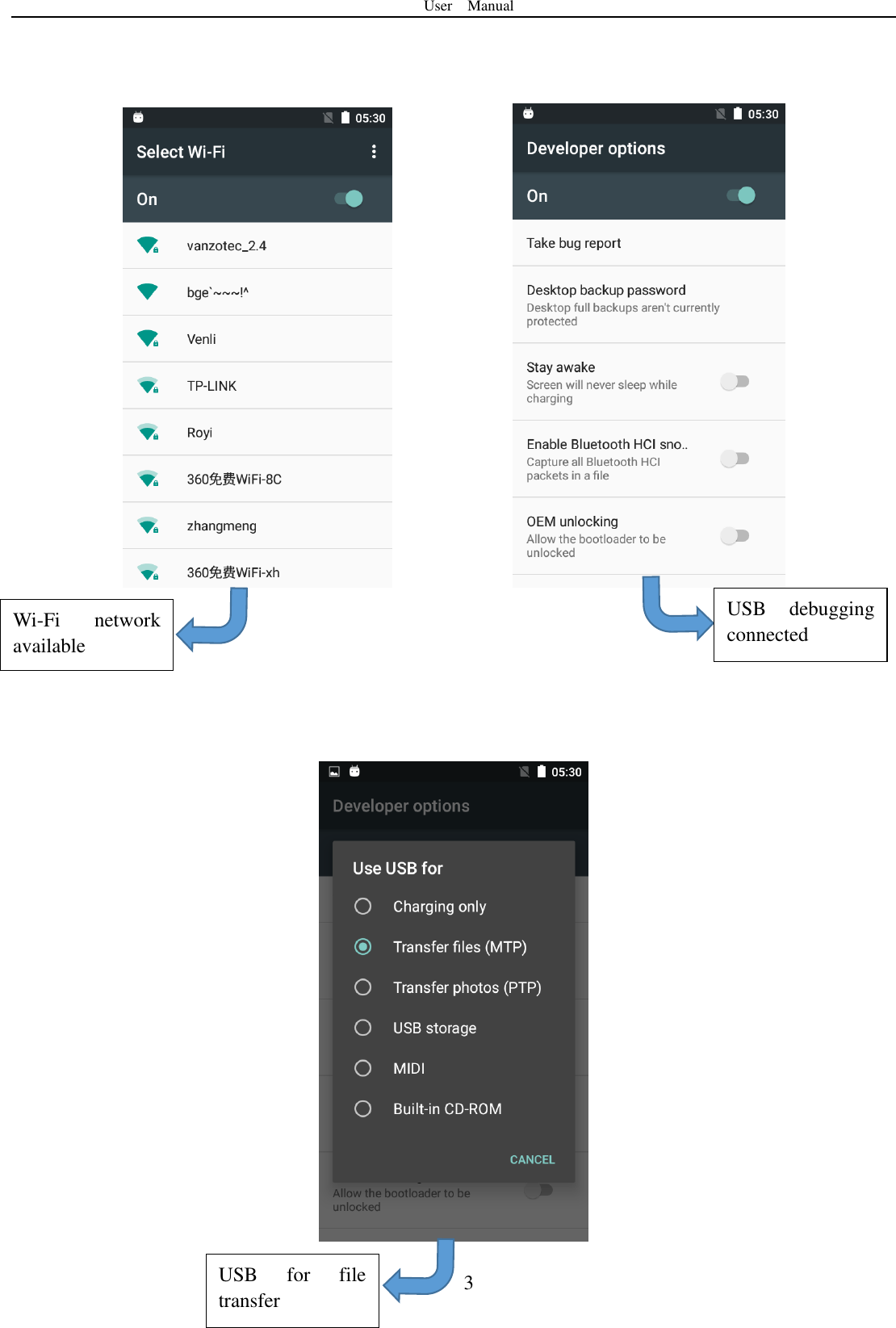 User    Manual  3           Wi-Fi  network available USB  debugging connected USB  for  file transfer 