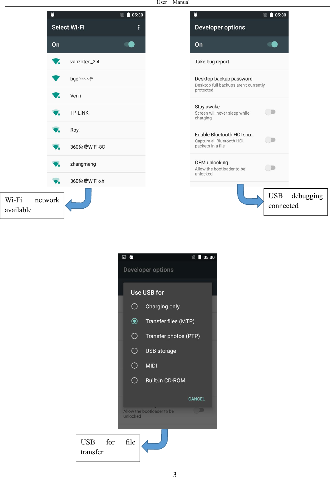 User Manual3Wi-Fi networkavailableUSB debuggingconnectedUSB for filetransfer