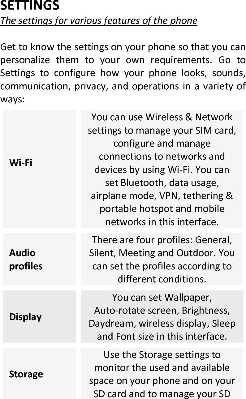  card.BatteryYoucanviewyourbatterystatus,batterylevelandbatteryuseinthisinterface.AppsYoucanusetheApplicationssettingstoviewdetailsabouttheapplicationsinstalledonyourphone,tomanagetheirdataandforcethemtostop,toviewandcontrolservicesthatarecurrentlyrunning,andtoviewthestorageusedbyapplications,etc.LocationYoucanturnonWi‐Fi&amp;mobilenetworklocation,GPSsatellites,etcthroughthisfunction.SecurityYoucansettheparametersrelatedtosecuritythroughthisfunction.Language&amp;inputUsetheLanguage&amp;Keyboardsettingstoselectthelanguageforthetextonyourphoneandforconfiguringtheinputmethod.Backup&amp;resetYoucanbackupyourdataandresetyourphoneinthisinterface.