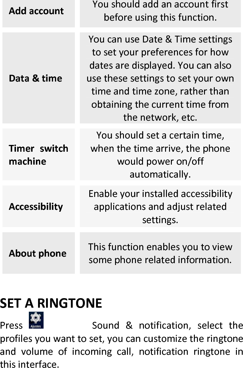  AddaccountYoushouldaddanaccountfirstbeforeusingthisfunction.Data&amp;timeYoucanuseDate&amp;Timesettingstosetyourpreferencesforhowdatesaredisplayed.Youcanalsousethesesettingstosetyourowntimeandtimezone,ratherthanobtainingthecurrenttimefromthenetwork,etc.TimerswitchmachineYoushouldsetacertaintime,whenthetimearrive,thephonewouldpoweron/offautomatically.AccessibilityEnableyourinstalledaccessibilityapplicationsandadjustrelatedsettings.AboutphoneThisfunctionenablesyoutoviewsomephonerelatedinformation.SETARINGTONEPressSound&amp;notification,selecttheprofilesyouwanttoset,youcancustomizetheringtoneandvolumeofincomingcall,notificationringtoneinthisinterface. 