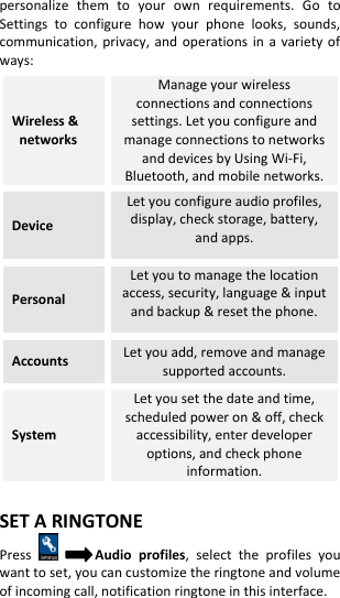 personalize  them  to  your  own  requirements.  Go  to Settings  to  configure  how  your  phone  looks,  sounds, communication,  privacy, and  operations  in a  variety  of ways: Wireless &amp;   networks Manage your wireless connections and connections settings. Let you configure and manage connections to networks and devices by Using Wi-Fi, Bluetooth, and mobile networks. Device Let you configure audio profiles, display, check storage, battery, and apps. Personal Let you to manage the location access, security, language &amp; input and backup &amp; reset the phone. Accounts   Let you add, remove and manage supported accounts. System Let you set the date and time, scheduled power on &amp; off, check accessibility, enter developer options, and check phone information.  SET A RINGTONE Press       Audio  profiles,  select  the  profiles  you want to set, you can customize the ringtone and volume of incoming call, notification ringtone in this interface.     