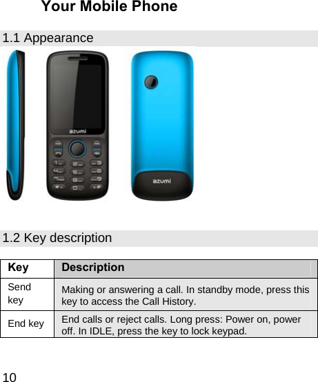   10 Your Mobile Phone 1.1 Appearance   1.2 Key description  Key  Description Send key  Making or answering a call. In standby mode, press this key to access the Call History. End key  End calls or reject calls. Long press: Power on, power off. In IDLE, press the key to lock keypad. 