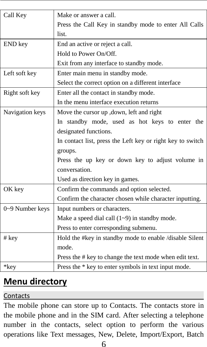     6 Call Key   Make or answer a call. Press the Call Key in standby mode to enter All Calls list. END key End an active or reject a call. Hold to Power On/Off. Exit from any interface to standby mode. Left soft key    Enter main menu in standby mode. Select the correct option on a different interface Right soft key    Enter all the contact in standby mode. In the menu interface execution returns Navigation keys  Move the cursor up ,down, left and right In standby mode, used as hot keys to enter the designated functions. In contact list, press the Left key or right key to switch groups. Press the up key or down key to adjust volume in conversation. Used as direction key in games. OK key  Confirm the commands and option selected. Confirm the character chosen while character inputting. 0~9 Number keys  Input numbers or characters. Make a speed dial call (1~9) in standby mode. Press to enter corresponding submenu. # key Hold the #key in standby mode to enable /disable Silent mode. Press the # key to change the text mode when edit text. *key  Press the * key to enter symbols in text input mode. Menu directory   Contacts                                                                                                                             The mobile phone can store up to Contacts. The contacts store in the mobile phone and in the SIM card. After selecting a telephone number in the contacts, select option to perform the various operations like Text messages, New, Delete, Import/Export, Batch 