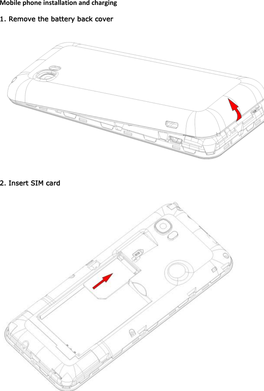  Mobile phone installation and charging 1. Remove the battery back cover  2. Insert SIM card  