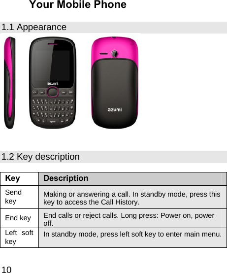   10 Your Mobile Phone 1.1 Appearance   1.2 Key description  Key  Description Send key  Making or answering a call. In standby mode, press this key to access the Call History. End key  End calls or reject calls. Long press: Power on, power off. Left soft key  In standby mode, press left soft key to enter main menu.