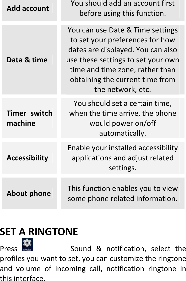  AddaccountYoushouldaddanaccountfirstbeforeusingthisfunction.Data&amp;timeYoucanuseDate&amp;Timesettingstosetyourpreferencesforhowdatesaredisplayed.Youcanalsousethesesettingstosetyourowntimeandtimezone,ratherthanobtainingthecurrenttimefromthenetwork,etc.TimerswitchmachineYoushouldsetacertaintime,whenthetimearrive,thephonewouldpoweron/offautomatically.AccessibilityEnableyourinstalledaccessibilityapplicationsandadjustrelatedsettings.AboutphoneThisfunctionenablesyoutoviewsomephonerelatedinformation.SETARINGTONEPressSound&amp;notification,selecttheprofilesyouwanttoset,youcancustomizetheringtoneandvolumeofincomingcall,notificationringtoneinthisinterface. 