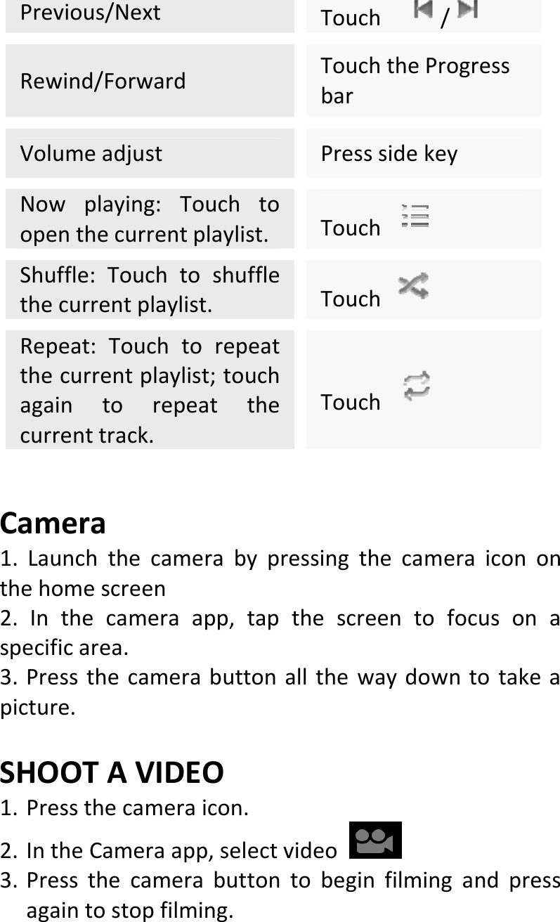  Previous/NextTouch /Rewind/ForwardTouchtheProgressbarVolumeadjustPresssidekeyNowplaying:Touchtoopenthecurrentplaylist.Touch Shuffle:Touchtoshufflethecurrentplaylist.Touch Repeat:Touchtorepeatthecurrentplaylist;touchagaintorepeatthecurrenttrack.Touch Camera1.Launchthecamerabypressingthecameraicononthehomescreen2.Inthecameraapp,tapthescreentofocusonaspecificarea.3.Pressthecamerabuttonallthewaydowntotakeapicture.SHOOTAVIDEO1. Pressthecameraicon.2. IntheCameraapp,selectvideo3. Pressthecamerabuttontobeginfilmingandpressagaintostopfilming.