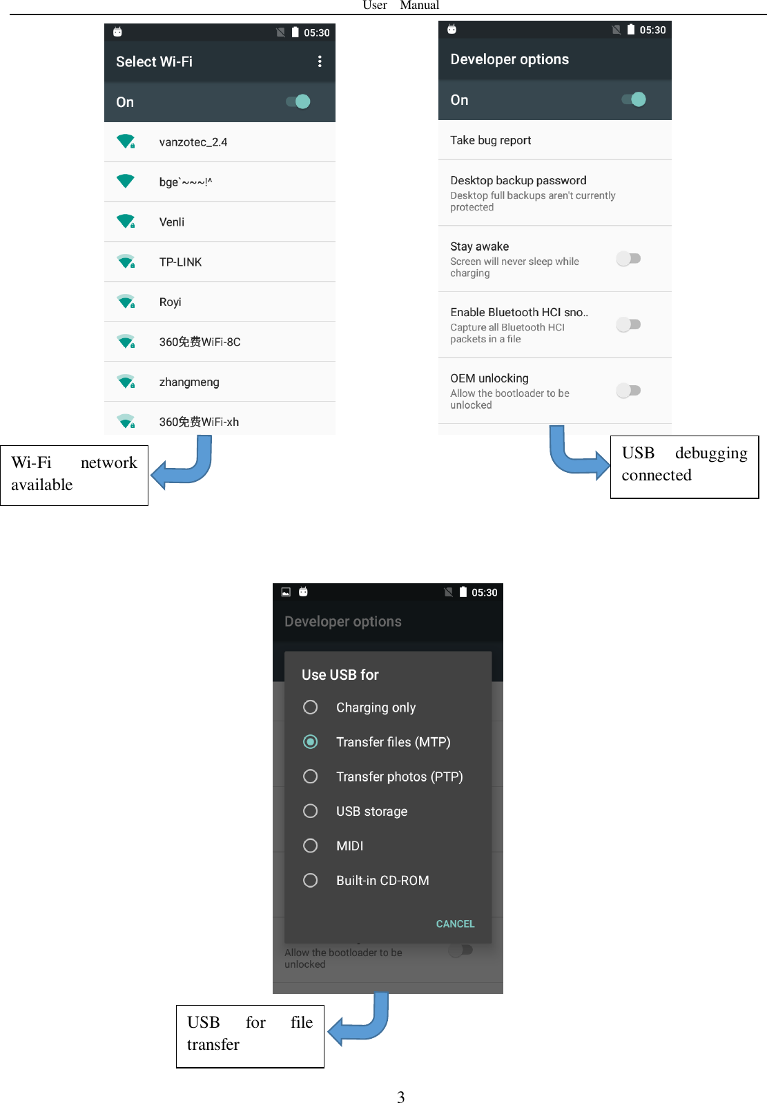 User    Manual  3             Wi-Fi  network available USB  debugging connected USB  for  file transfer 