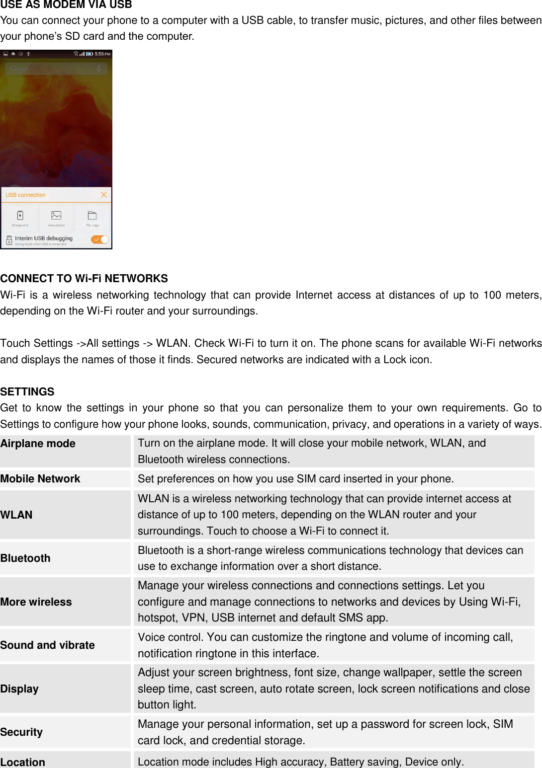 USE AS MODEM VIA USB You can connect your phone to a computer with a USB cable, to transfer music, pictures, and other files between your phone’s SD card and the computer.   CONNECT TO Wi-Fi NETWORKS Wi-Fi is a wireless networking technology that can provide Internet access at distances of up to 100 meters, depending on the Wi-Fi router and your surroundings.  Touch Settings -&gt;All settings -&gt; WLAN. Check Wi-Fi to turn it on. The phone scans for available Wi-Fi networks and displays the names of those it finds. Secured networks are indicated with a Lock icon.  SETTINGS Get  to  know  the settings  in  your  phone  so  that you  can  personalize them  to  your  own  requirements. Go  to Settings to configure how your phone looks, sounds, communication, privacy, and operations in a variety of ways. Airplane mode Turn on the airplane mode. It will close your mobile network, WLAN, and Bluetooth wireless connections.   Mobile Network   Set preferences on how you use SIM card inserted in your phone. WLAN WLAN is a wireless networking technology that can provide internet access at distance of up to 100 meters, depending on the WLAN router and your surroundings. Touch to choose a Wi-Fi to connect it. Bluetooth Bluetooth is a short-range wireless communications technology that devices can use to exchange information over a short distance.   More wireless Manage your wireless connections and connections settings. Let you configure and manage connections to networks and devices by Using Wi-Fi, hotspot, VPN, USB internet and default SMS app. Sound and vibrate Voice control. You can customize the ringtone and volume of incoming call, notification ringtone in this interface. Display Adjust your screen brightness, font size, change wallpaper, settle the screen sleep time, cast screen, auto rotate screen, lock screen notifications and close button light. Security Manage your personal information, set up a password for screen lock, SIM card lock, and credential storage. Location Location mode includes High accuracy, Battery saving, Device only. 