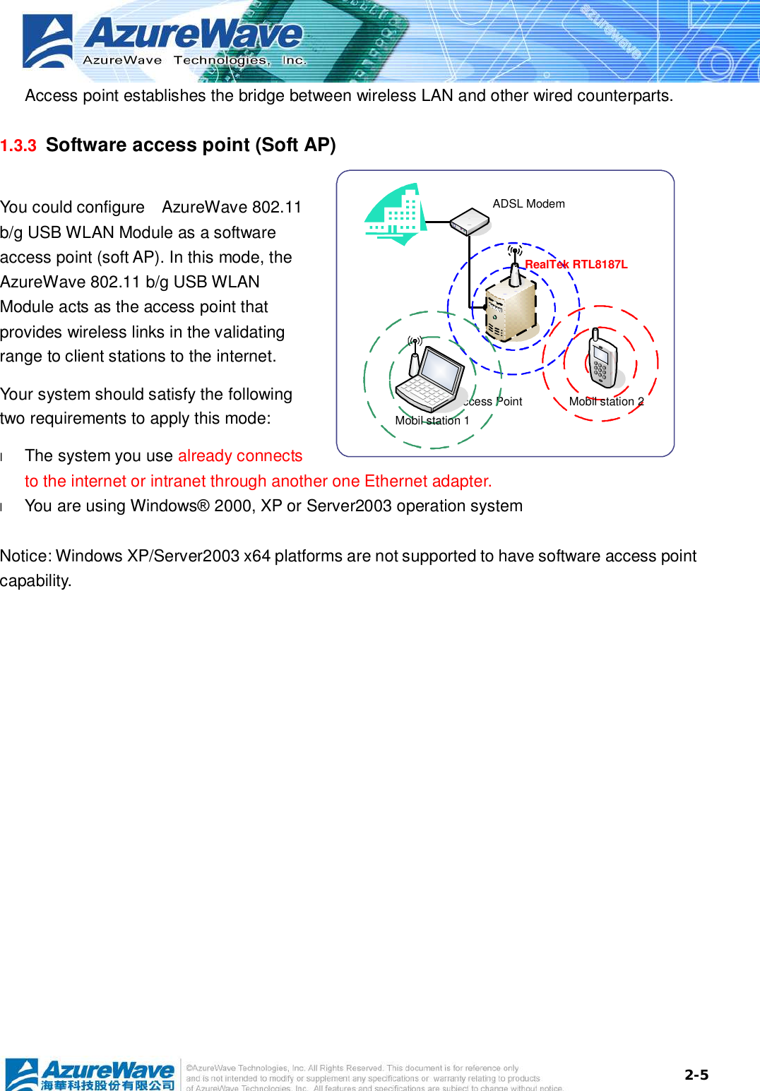  2-5Access point establishes the bridge between wireless LAN and other wired counterparts. 1.3.3  Software access point (Soft AP) You could configure  AzureWave 802.11 b/g USB WLAN Module as a software access point (soft AP). In this mode, the  AzureWave 802.11 b/g USB WLAN Module acts as the access point that provides wireless links in the validating range to client stations to the internet. Your system should satisfy the following two requirements to apply this mode: l  The system you use already connects to the internet or intranet through another one Ethernet adapter. l  You are using Windows® 2000, XP or Server2003 operation system  Notice: Windows XP/Server2003 x64 platforms are not supported to have software access point capability.  RealTek RTL8187LMobil station 2Access PointADSL ModemMobil station 1