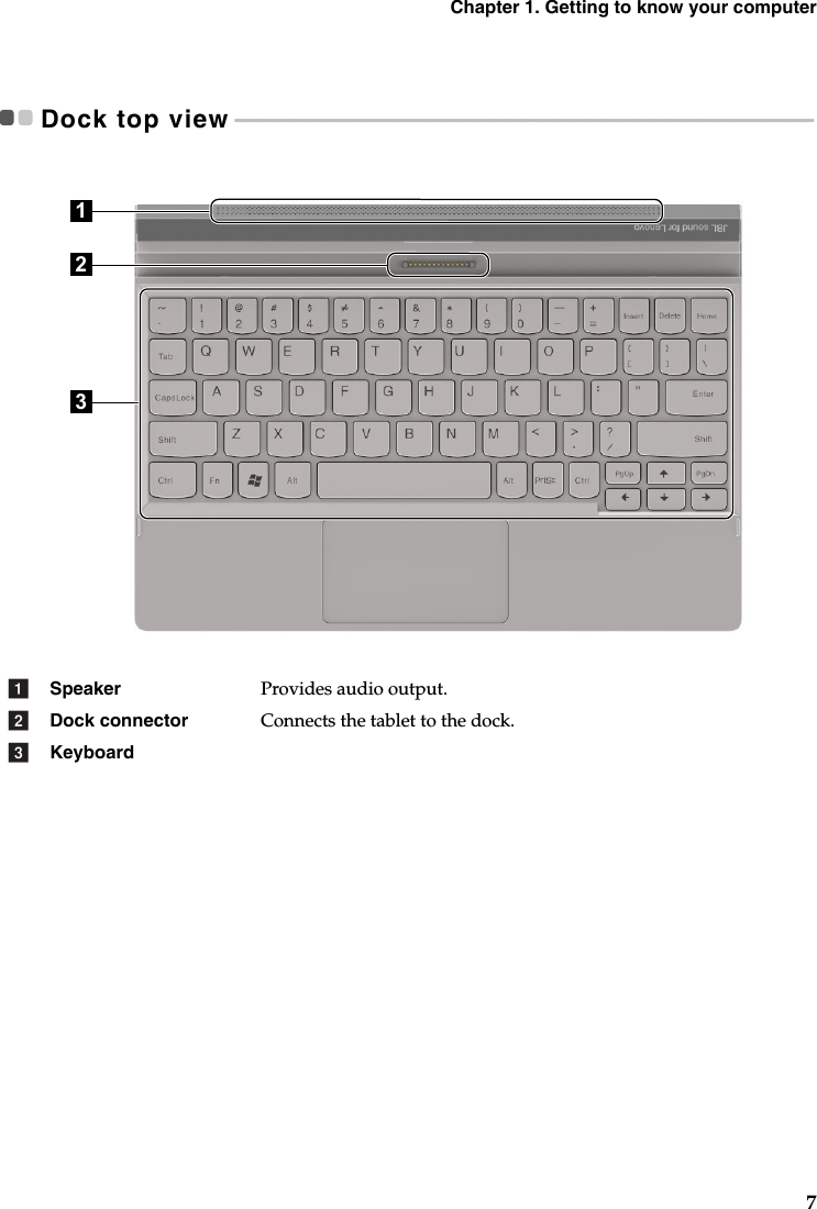 Chapter 1. Getting to know your computer7Dock top view - - - - - - - - - - - - - - - - - - - - - - - - - - - - - - - - - - - - - - - - - - - - - - - - - - - - - - - - - - - - - - - - - - - - - - - - - - - - - - - - - - - - - - - - - - - - - - - - - - - - - - - - - - - - -Speaker Provides audio output.Dock connector Connects the tablet to the dock.Keyboard213abc