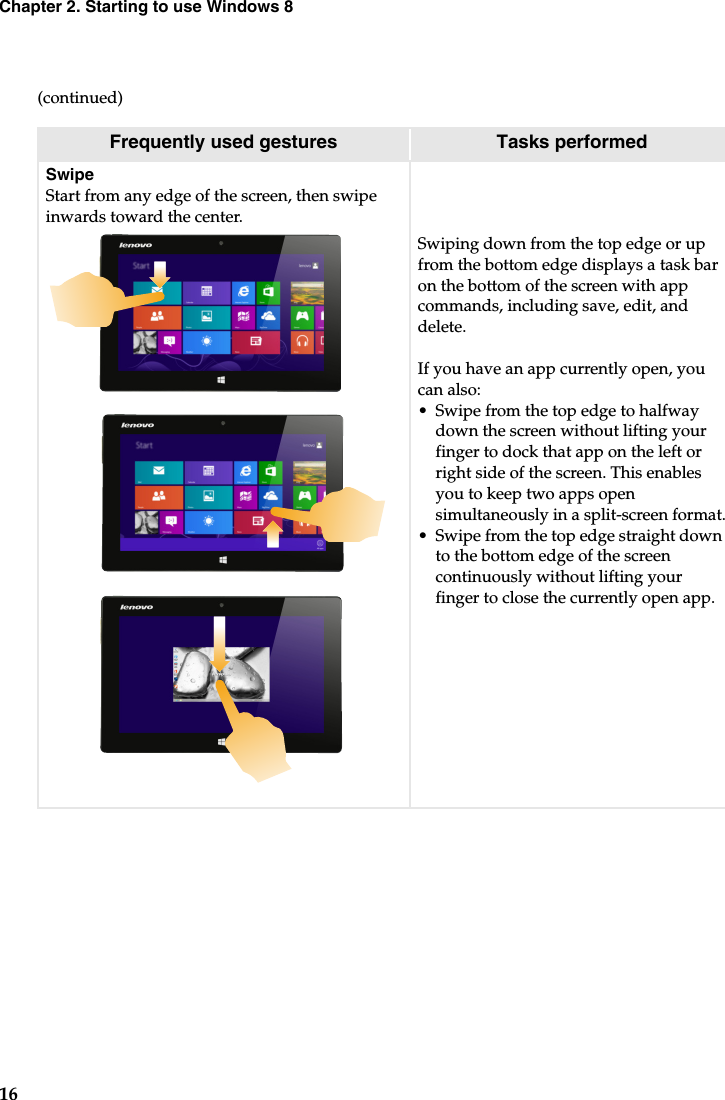 16Chapter 2. Starting to use Windows 8(continued)Frequently used gestures Tasks performedSwipeStart from any edge of the screen, then swipe inwards toward the center. Swiping down from the top edge or up from the bottom edge displays a task bar on the bottom of the screen with app commands, including save, edit, and delete.If you have an app currently open, you can also:•Swipe from the top edge to halfway down the screen without lifting your finger to dock that app on the left or right side of the screen. This enables you to keep two apps open simultaneously in a split-screen format.•Swipe from the top edge straight down to the bottom edge of the screen continuously without lifting your finger to close the currently open app.