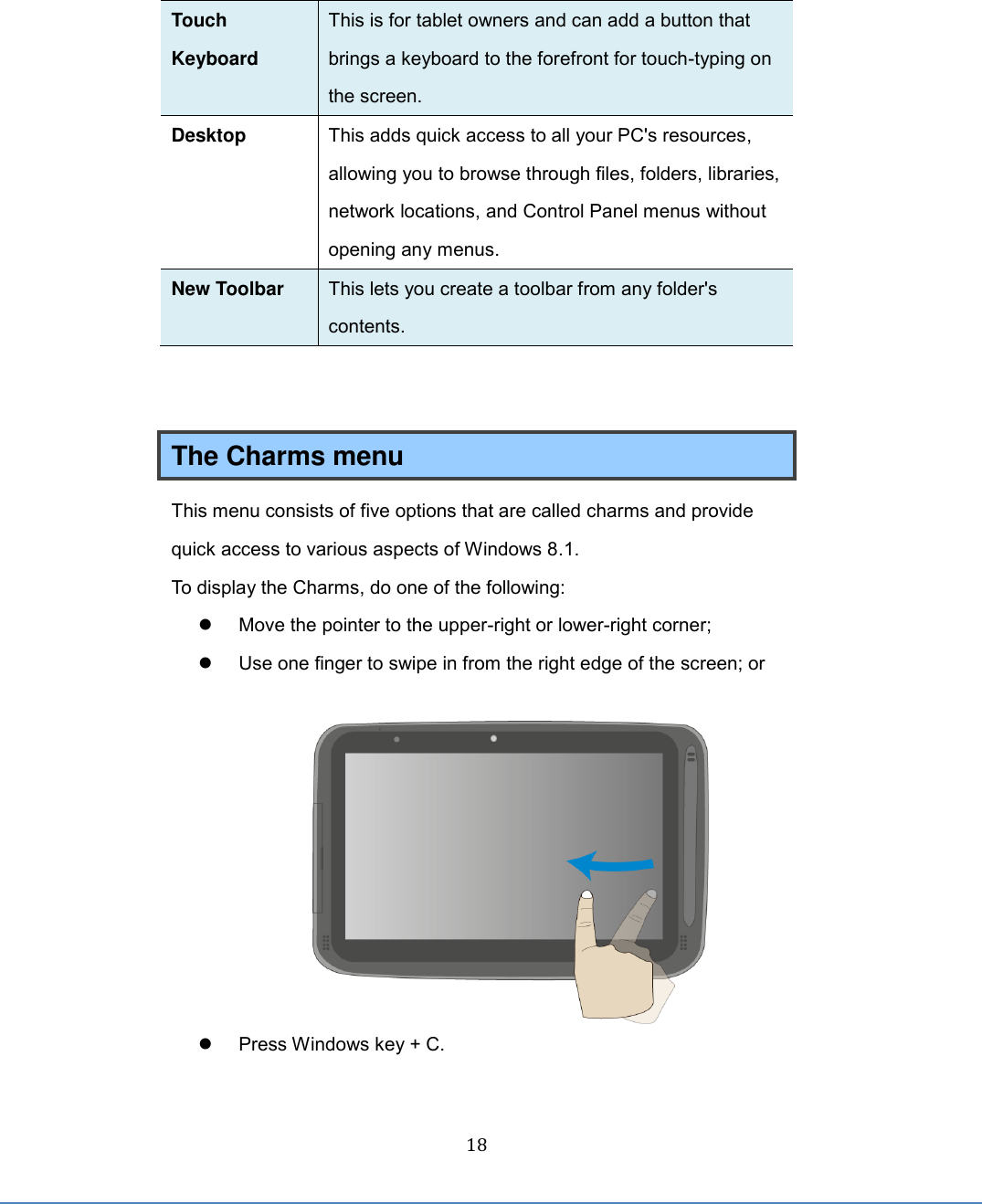  18 Touch Keyboard This is for tablet owners and can add a button that brings a keyboard to the forefront for touch-typing on the screen. Desktop This adds quick access to all your PC&apos;s resources, allowing you to browse through files, folders, libraries, network locations, and Control Panel menus without opening any menus. New Toolbar This lets you create a toolbar from any folder&apos;s contents.     The Charms menu This menu consists of five options that are called charms and provide quick access to various aspects of Windows 8.1. To display the Charms, do one of the following:   Move the pointer to the upper-right or lower-right corner;   Use one finger to swipe in from the right edge of the screen; or     Press Windows key + C.      