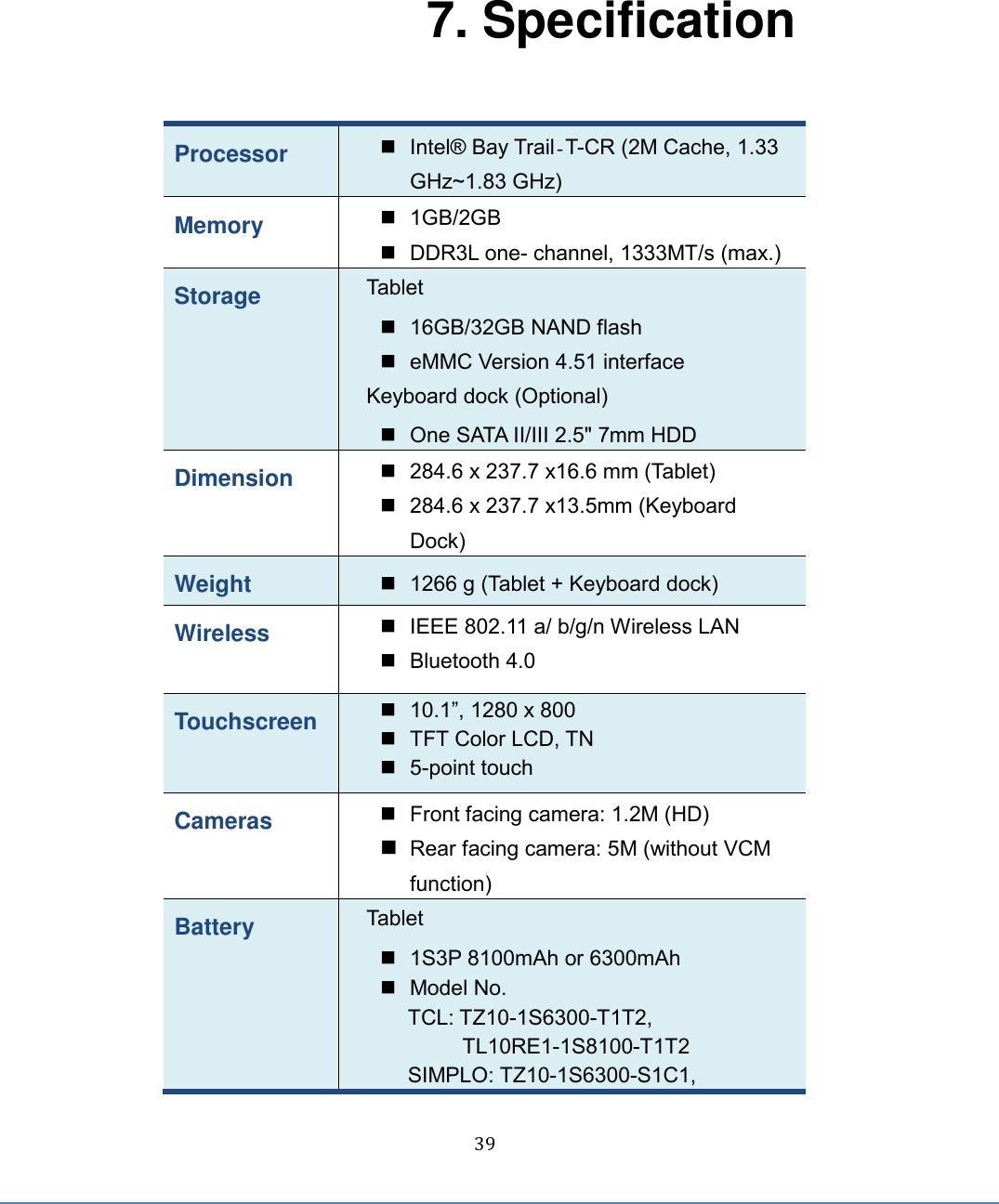  39 7. Specification Processor   Intel® Bay Trail‐T-CR (2M Cache, 1.33 GHz~1.83 GHz)   Memory   1GB/2GB     DDR3L one- channel, 1333MT/s (max.) Storage Tablet   16GB/32GB NAND flash   eMMC Version 4.51 interface Keyboard dock (Optional)   One SATA II/III 2.5&quot; 7mm HDD Dimension   284.6 x 237.7 x16.6 mm (Tablet)   284.6 x 237.7 x13.5mm (Keyboard Dock) Weight  1266 g (Tablet + Keyboard dock) Wireless   IEEE 802.11 a/ b/g/n Wireless LAN   Bluetooth 4.0   Touchscreen   10.1”, 1280 x 800     TFT Color LCD, TN   5-point touch Cameras   Front facing camera: 1.2M (HD)  Rear facing camera: 5M (without VCM function) Battery Tablet   1S3P 8100mAh or 6300mAh     Model No. TCL: TZ10-1S6300-T1T2, TL10RE1-1S8100-T1T2 SIMPLO: TZ10-1S6300-S1C1, 