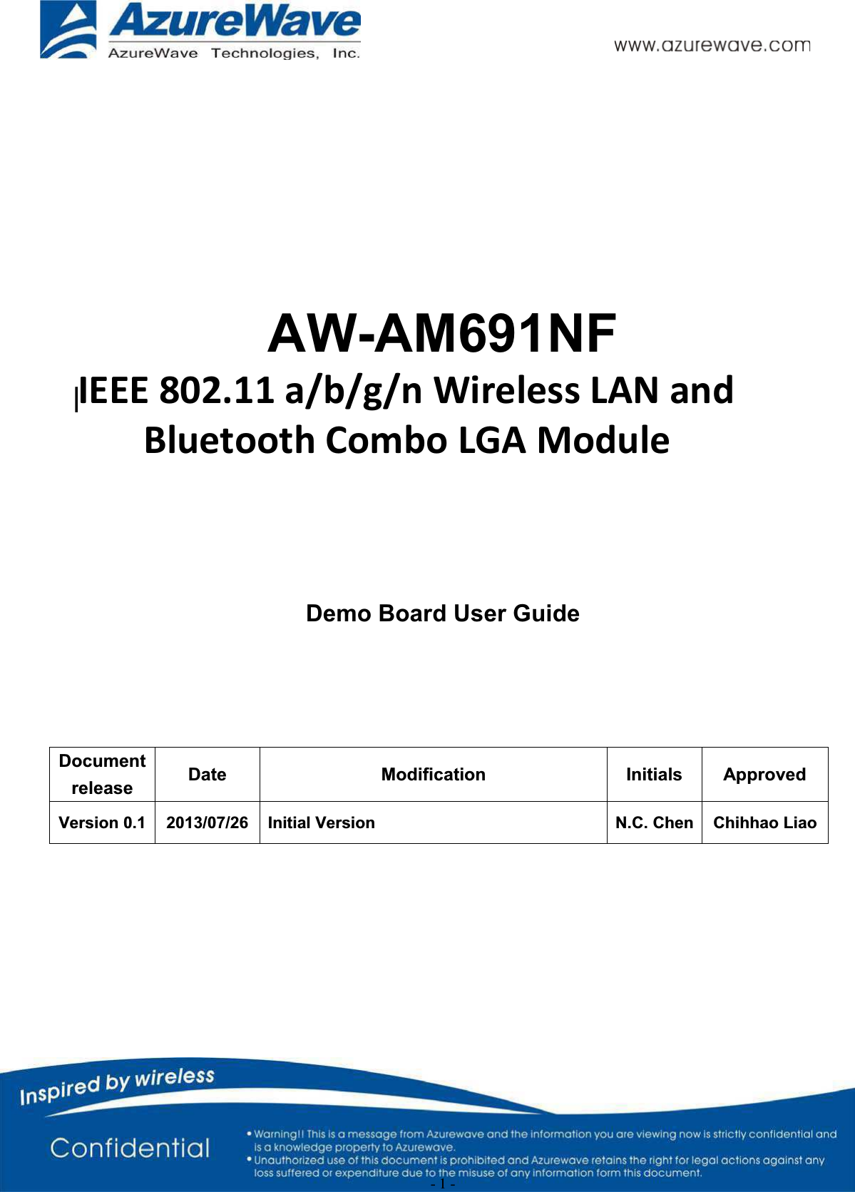 - 1 -AW-AM691NFIEEE 82.11 a/b/g/n Wireless LAN, Bluetooth,FM Combo ModuleDemo Board User GuideDocument release Date Modification Initials ApprovedVersion 0.1 2013/07/26 Initial Version N.C. Chen Chihhao LiaoIEEE 802.11 a/b/g/n Wireless LAN and            Bluetooth Combo LGA Module  