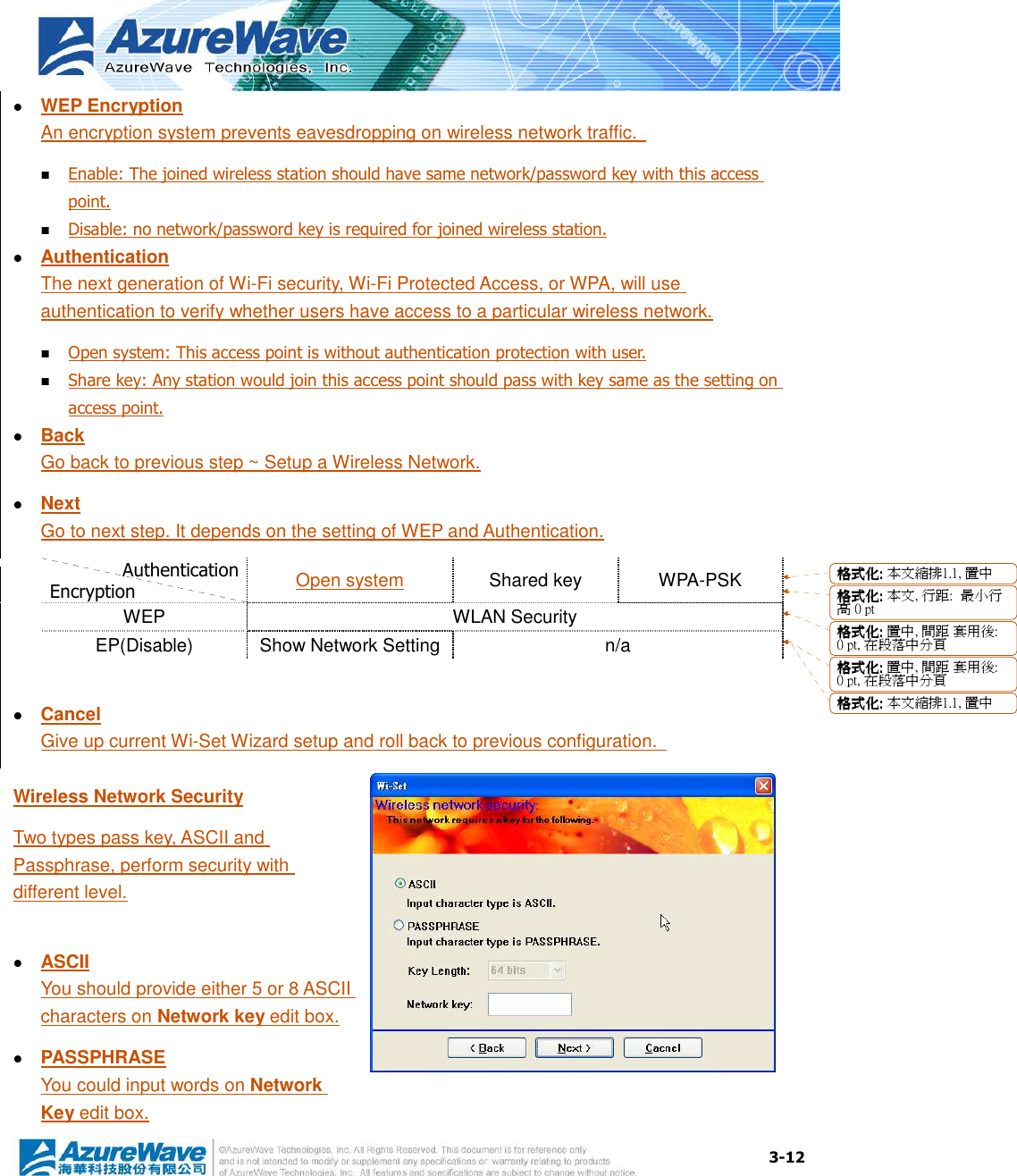  3-12  WEP Encryption An encryption system prevents eavesdropping on wireless network traffic.    Enable: The joined wireless station should have same network/password key with this access point.  Disable: no network/password key is required for joined wireless station.  Authentication The next generation of Wi-Fi security, Wi-Fi Protected Access, or WPA, will use authentication to verify whether users have access to a particular wireless network.  Open system: This access point is without authentication protection with user.  Share key: Any station would join this access point should pass with key same as the setting on access point.  Back Go back to previous step ~ Setup a Wireless Network.  Next Go to next step. It depends on the setting of WEP and Authentication. Authentication Encryption Open system  Shared key  WPA-PSK WEP  WLAN Security EP(Disable)  Show Network Setting n/a   Cancel Give up current Wi-Set Wizard setup and roll back to previous configuration.   Wireless Network Security Two types pass key, ASCII and Passphrase, perform security with different level.   ASCII You should provide either 5 or 8 ASCII characters on Network key edit box.  PASSPHRASE You could input words on Network Key edit box. 格格格格式化式化式化式化:::: 本文縮排1.1, 置中格格格格式化式化式化式化:::: 本文, 行距:  最小行高 0 pt格格格格式化式化式化式化:::: 置中, 間距 套用後: 0 pt, 在段落中分頁格格格格式化式化式化式化:::: 置中, 間距 套用後: 0 pt, 在段落中分頁格格格格式化式化式化式化:::: 本文縮排1.1, 置中