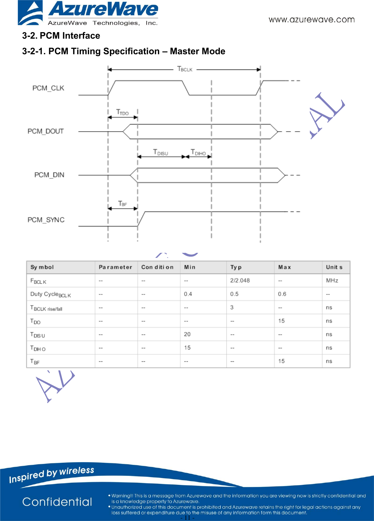  - 11 - 3-2. PCM Interface 3-2-1. PCM Timing Specification – Master Mode             