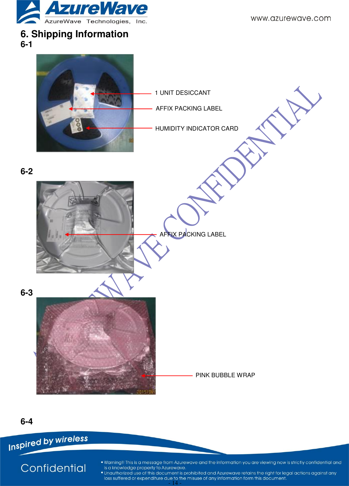  - 14 - 6. Shipping Information 6-1         6-2                                                       6-3      6-4  1 UNIT DESICCANT HUMIDITY INDICATOR CARD AFFIX PACKING LABEL AFFIX PACKING LABEL PINK BUBBLE WRAP 