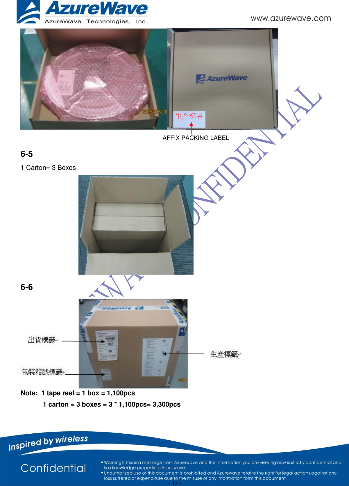  - 15 -    6-5 1 Carton= 3 Boxes     6-6  Note:  1 tape reel = 1 box = 1,100pcs             1 carton = 3 boxes = 3 * 1,100pcs= 3,300pcs   AFFIX PACKING LABEL  生产标签 