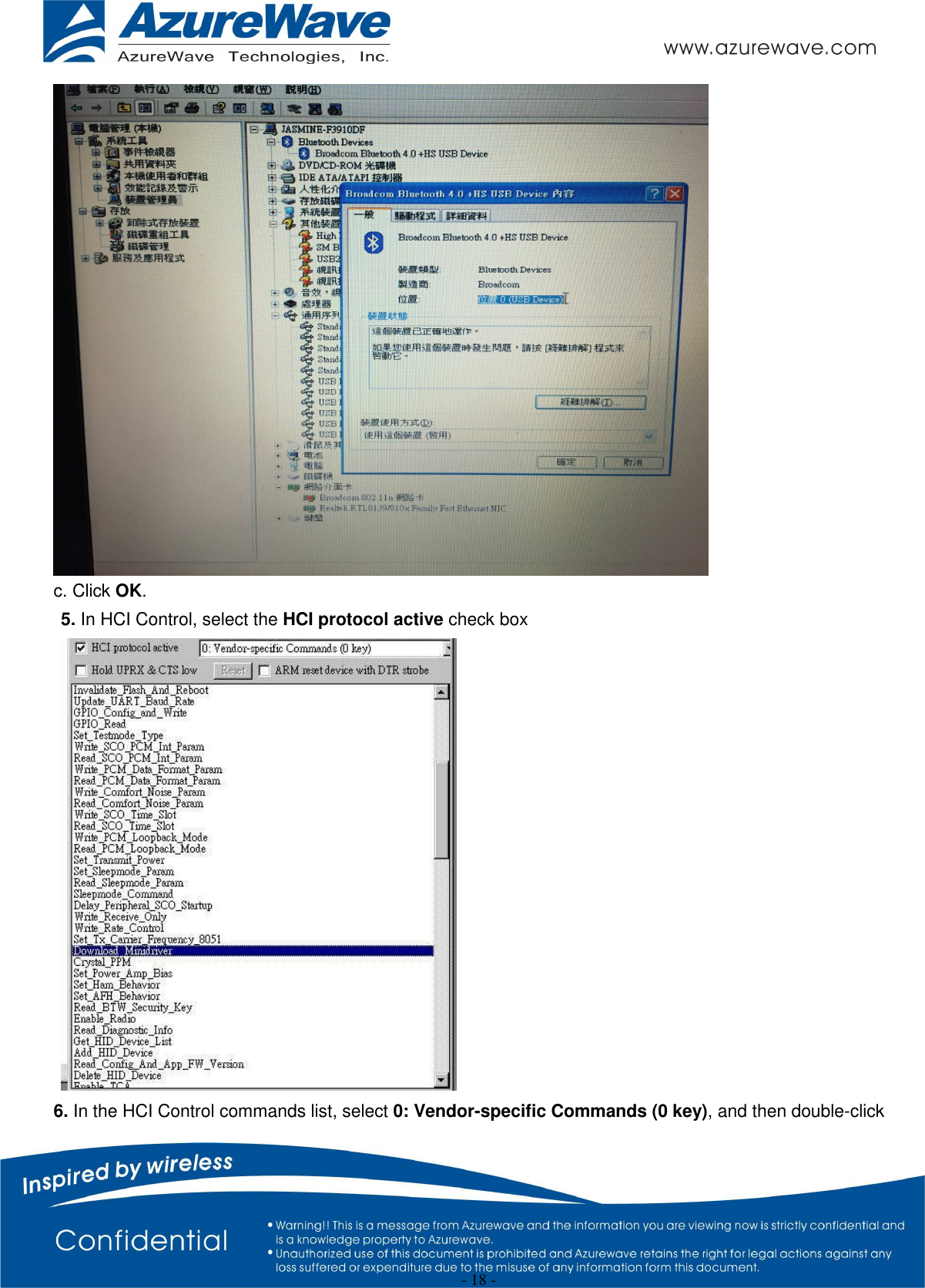  - 18 -  c. Click OK. 5. In HCI Control, select the HCI protocol active check box  6. In the HCI Control commands list, select 0: Vendor-specific Commands (0 key), and then double-click 