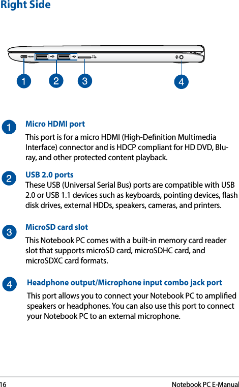 16Notebook PC E-ManualRight SideMicro HDMI portThis port is for a micro HDMI (High-Denition Multimedia Interface) connector and is HDCP compliant for HD DVD, Blu-ray, and other protected content playback.USB 2.0 portsThese USB (Universal Serial Bus) ports are compatible with USB 2.0 or USB 1.1 devices such as keyboards, pointing devices, ash disk drives, external HDDs, speakers, cameras, and printers.MicroSD card slotThis Notebook PC comes with a built-in memory card reader slot that supports microSD card, microSDHC card, and microSDXC card formats.Headphone output/Microphone input combo jack portThis port allows you to connect your Notebook PC to amplied speakers or headphones. You can also use this port to connect your Notebook PC to an external microphone.