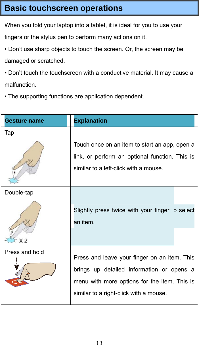  13 Basic touchscreen operations   When you fold your laptop into a tablet, it is ideal for you to use your fingers or the stylus pen to perform many actions on it. • Don’t use sharp objects to touch the screen. Or, the screen may be damaged or scratched. • Don’t touch the touchscreen with a conductive material. It may cause a malfunction. • The supporting functions are application dependent.  Gesture name Explanation Tap   Touch once on an item to start an app, open a link, or perform an optional function. This is similar to a left-click with a mouse. Double-tap  Slightly press twice with your finger to select an item. Press and hold  Press and leave your finger on an item. This brings up detailed information or opens a menu with more options for the item. This is similar to a right-click with a mouse. 