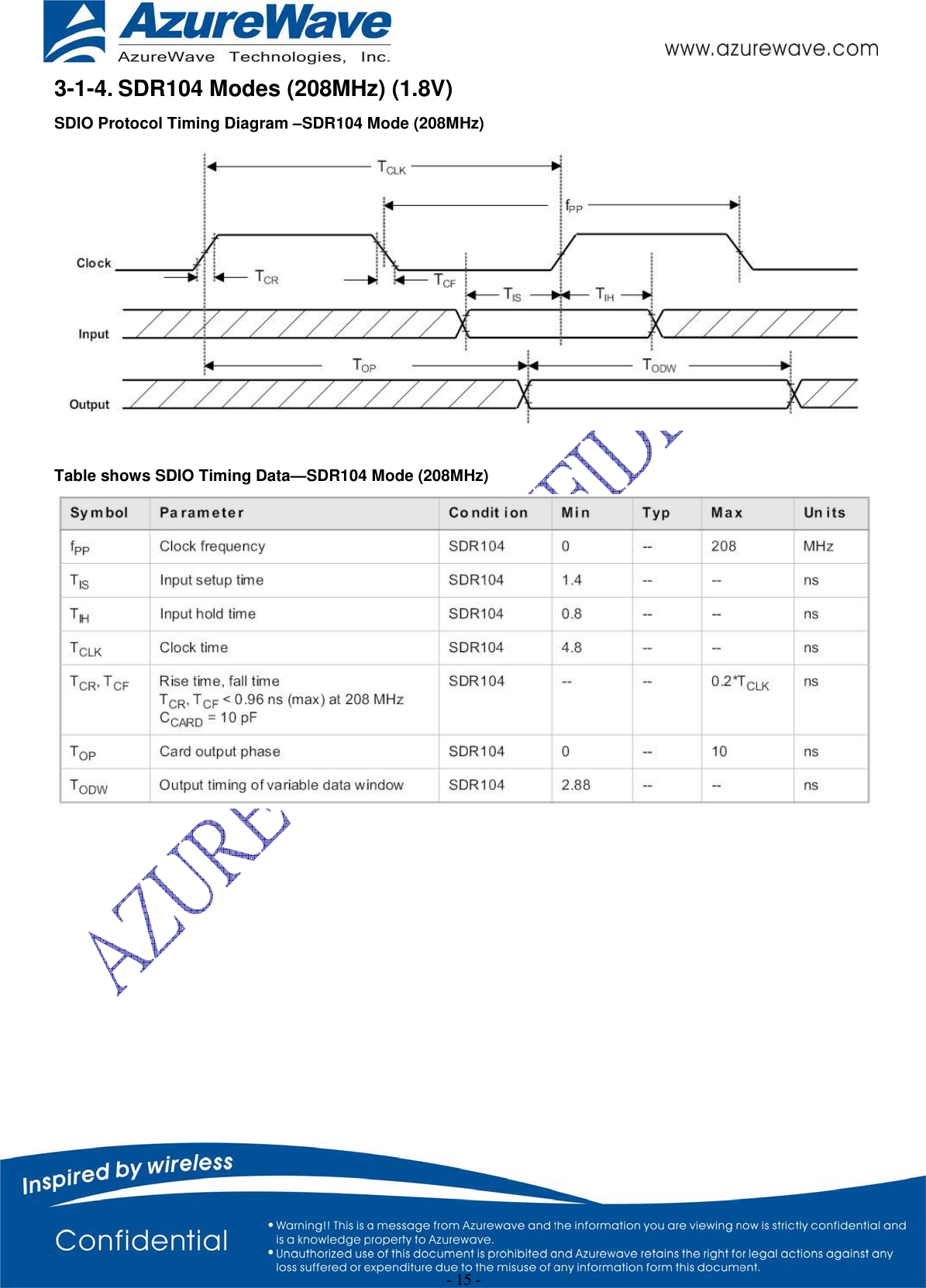 - 15 - 3-1-4. SDR104 Modes (208MHz) (1.8V) SDIO Protocol Timing Diagram –SDR104 Mode (208MHz) Table shows SDIO Timing Data—SDR104 Mode (208MHz) 