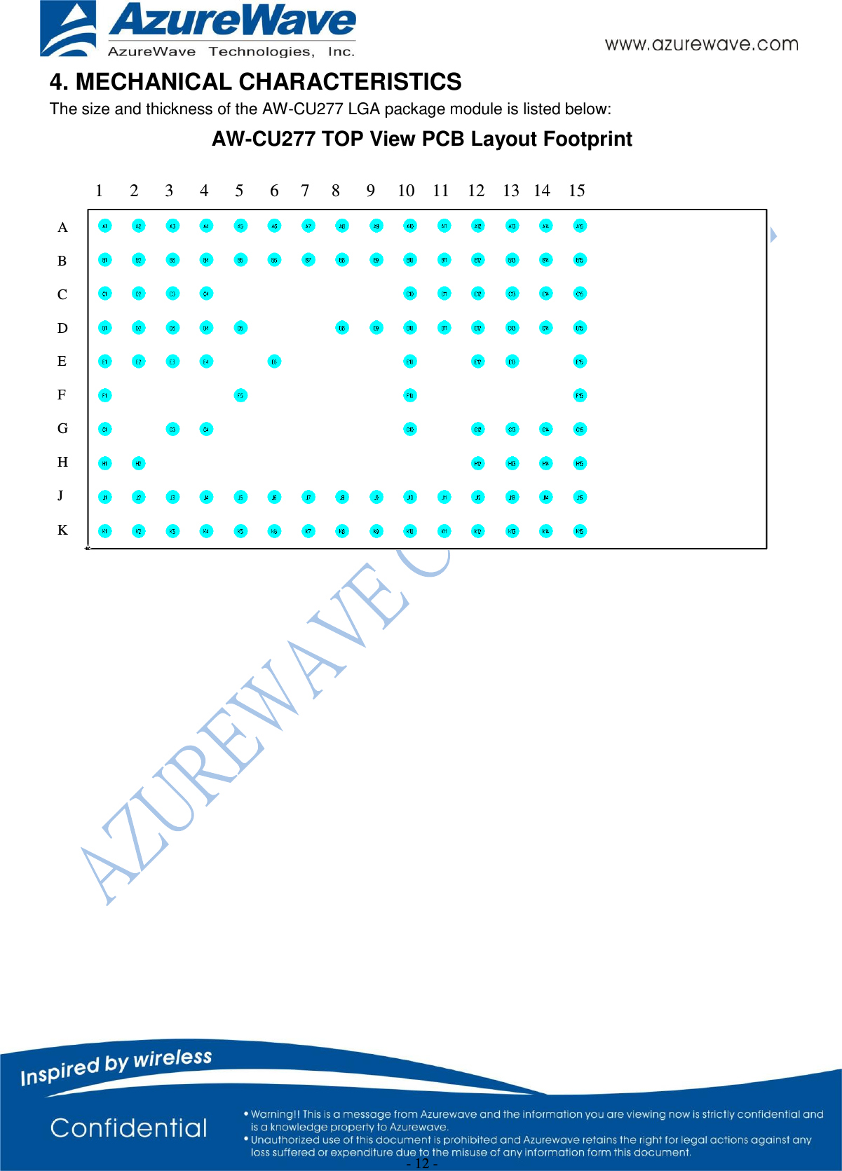  - 12 - 4. MECHANICAL CHARACTERISTICS The size and thickness of the AW-CU277 LGA package module is listed below: AW-CU277 TOP View PCB Layout Footprint                          A  B  C  D  E  F  G  H  J  K 1      2      3      4      5      6     7     8      9     10    11    12    13   14    15 