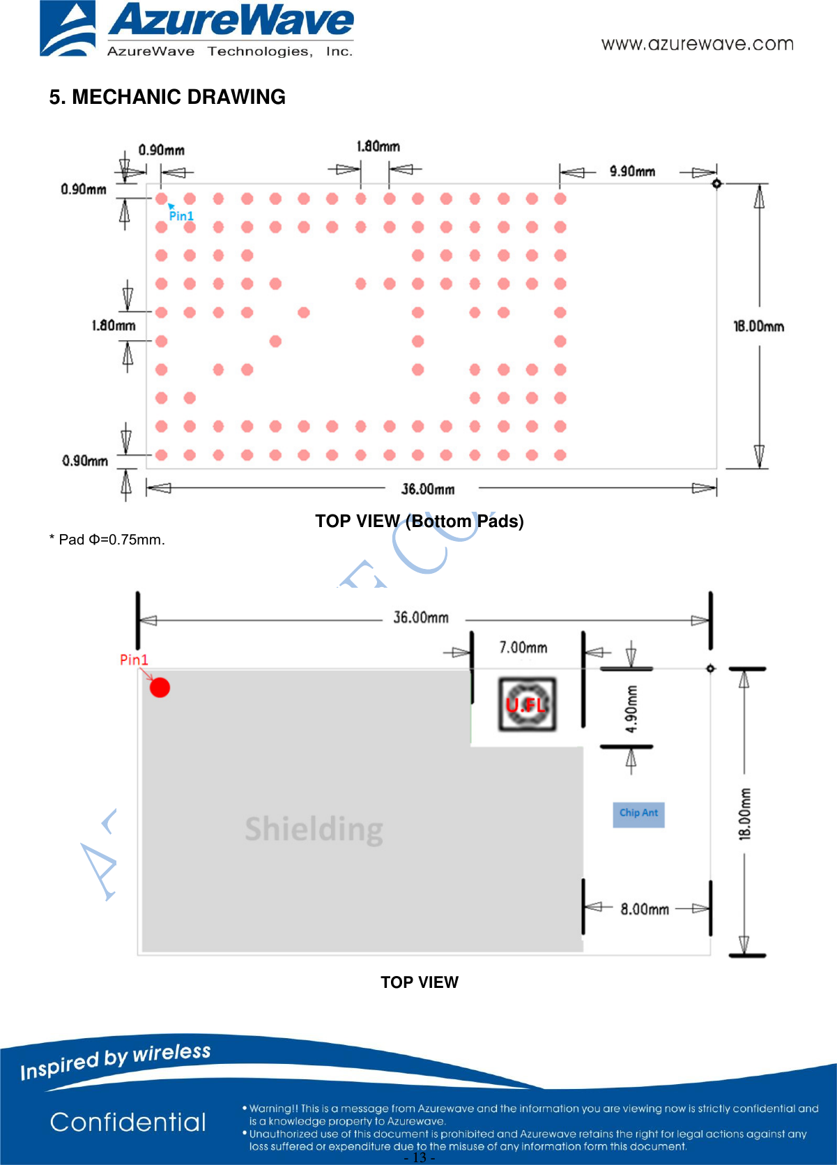  - 13 - 5. MECHANIC DRAWING   TOP VIEW (Bottom Pads) * Pad Φ=0.75mm.                          TOP VIEW 