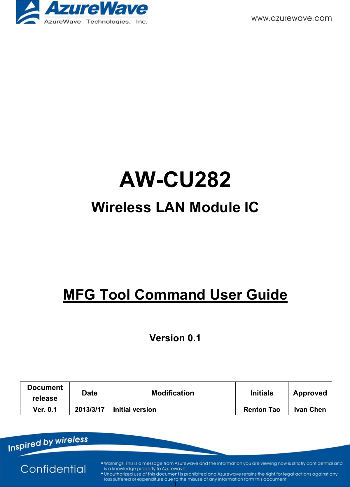                                                  - 1 - AW-CU282Wireless LAN Module ICMFG Tool Command User GuideVersion 0.1 Document release  Date Modification  Initials ApprovedVer. 0.1  2013/3/17 Initial version  Renton Tao  Ivan Chen 