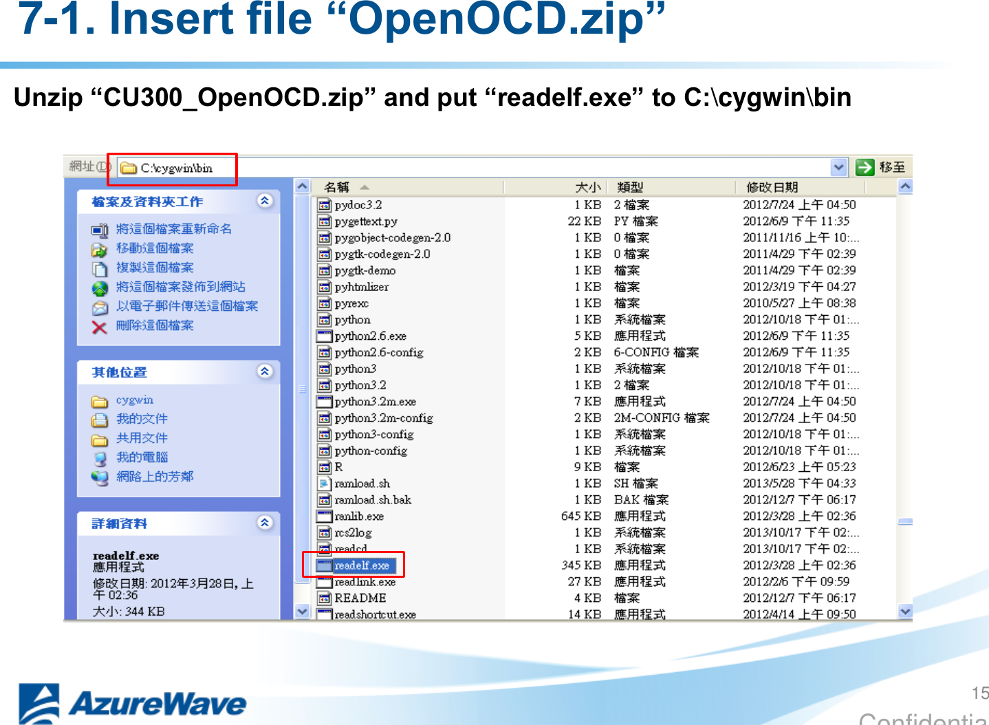 Confidential 7-1. Insert file “OpenOCD.zip” Unzip “CU300_OpenOCD.zip” and put “readelf.exe” to C:\cygwin\bin  15 