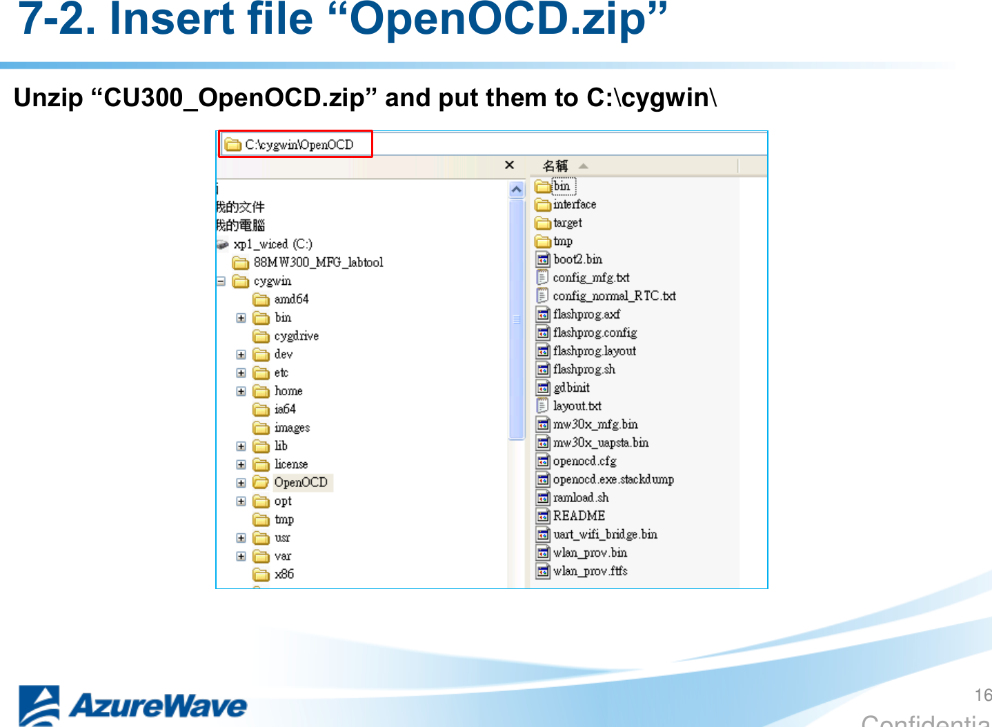 Confidential Unzip “CU300_OpenOCD.zip” and put them to C:\cygwin\ 7-2. Insert file “OpenOCD.zip” 16 