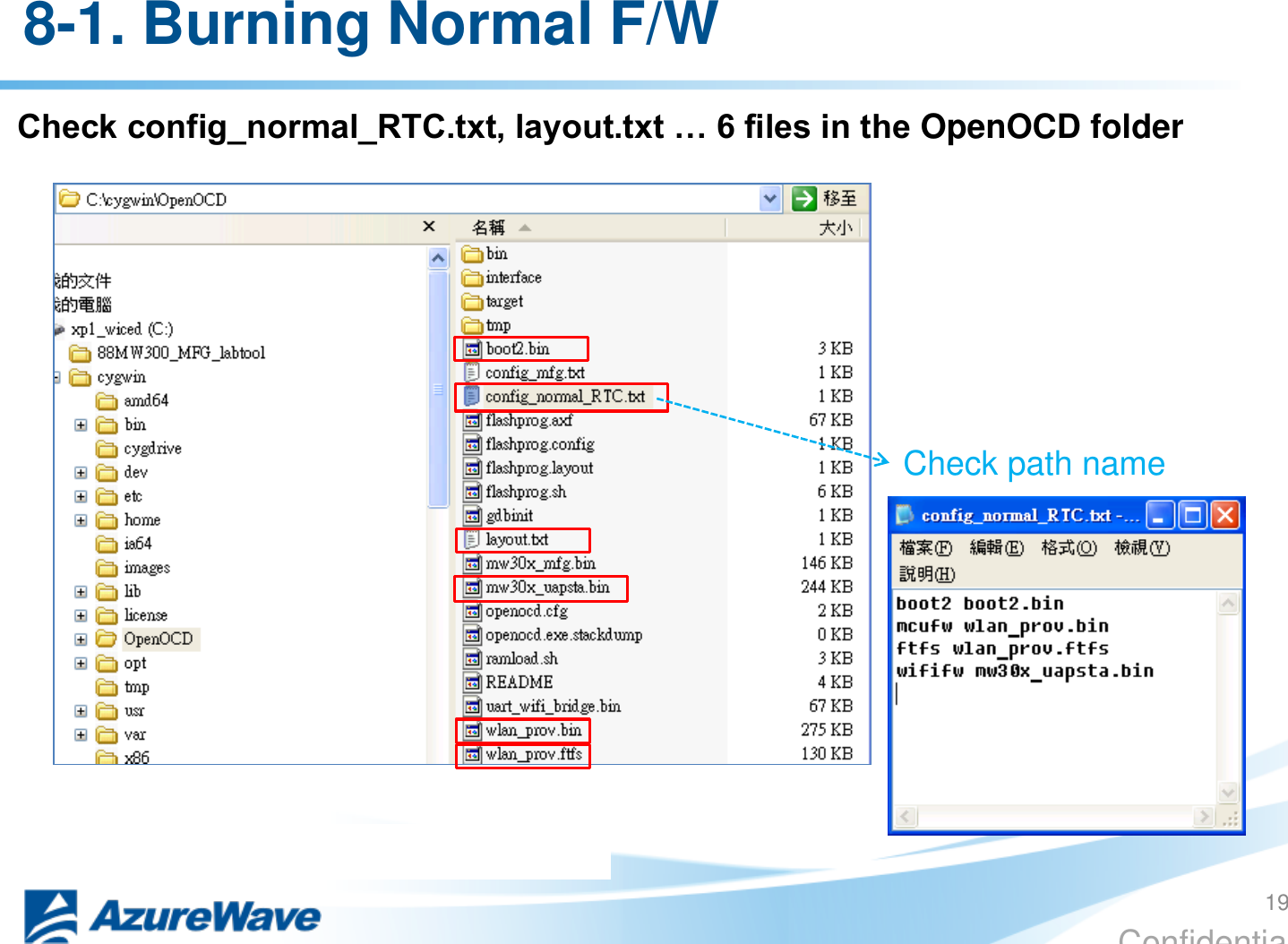 Confidential 8-1. Burning Normal F/W Check config_normal_RTC.txt, layout.txt … 6 files in the OpenOCD folder Check path name 19 