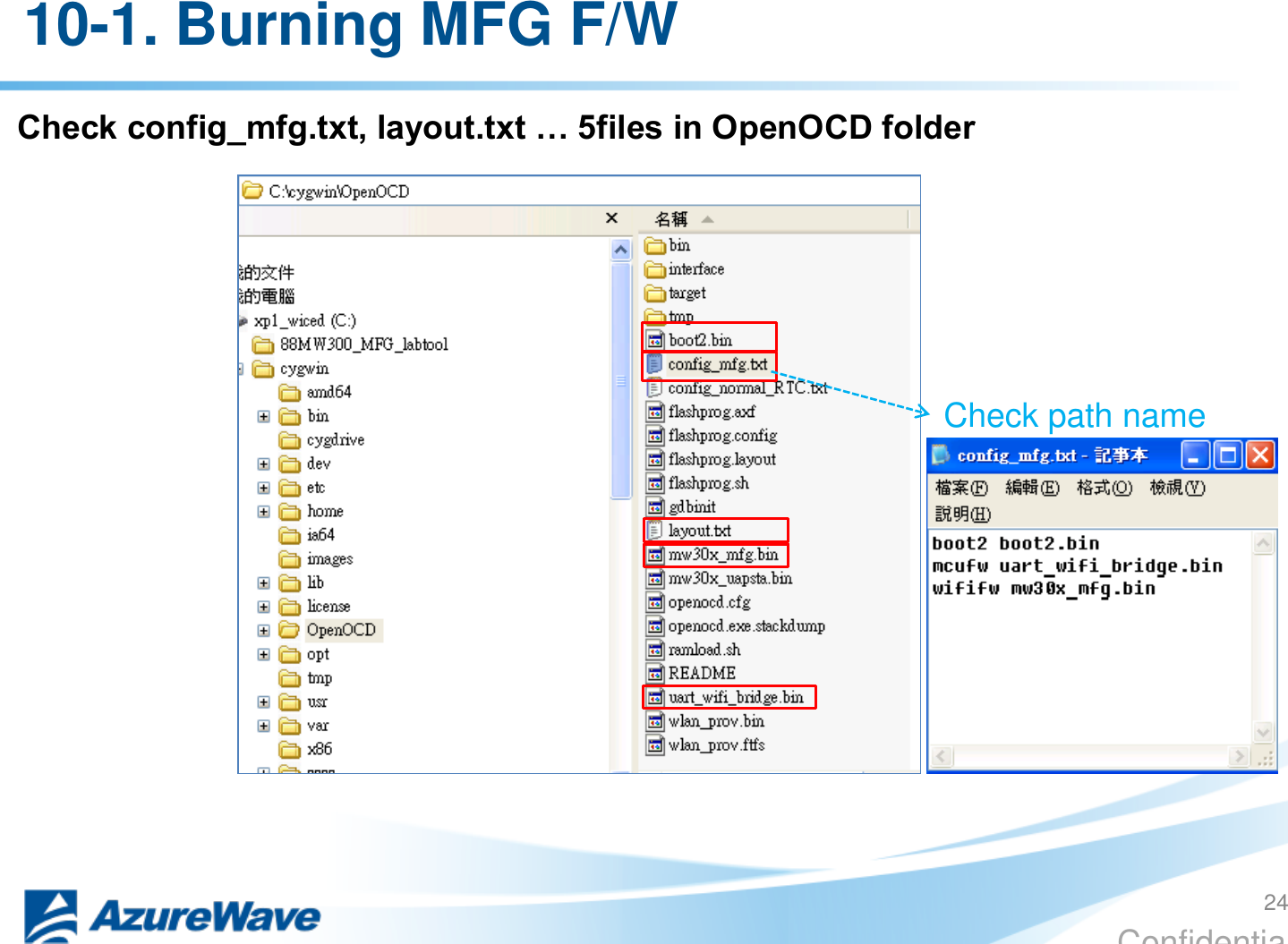 Confidential 10-1. Burning MFG F/W Check config_mfg.txt, layout.txt … 5files in OpenOCD folder Check path name 24 