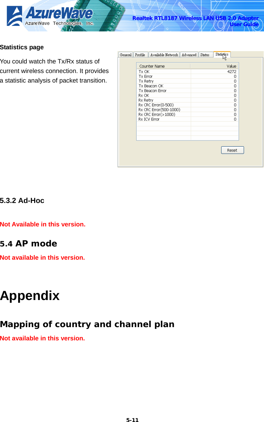    5-11Realtek RTL8187 Wireless LAN USB 2.0 Adapter User Guide Statistics page You could watch the Tx/Rx status of current wireless connection. It provides a statistic analysis of packet transition.  5.3.2 Ad-Hoc   Not Available in this version. 5.4 AP mode Not available in this version.  Appendix Mapping of country and channel plan Not available in this version. 