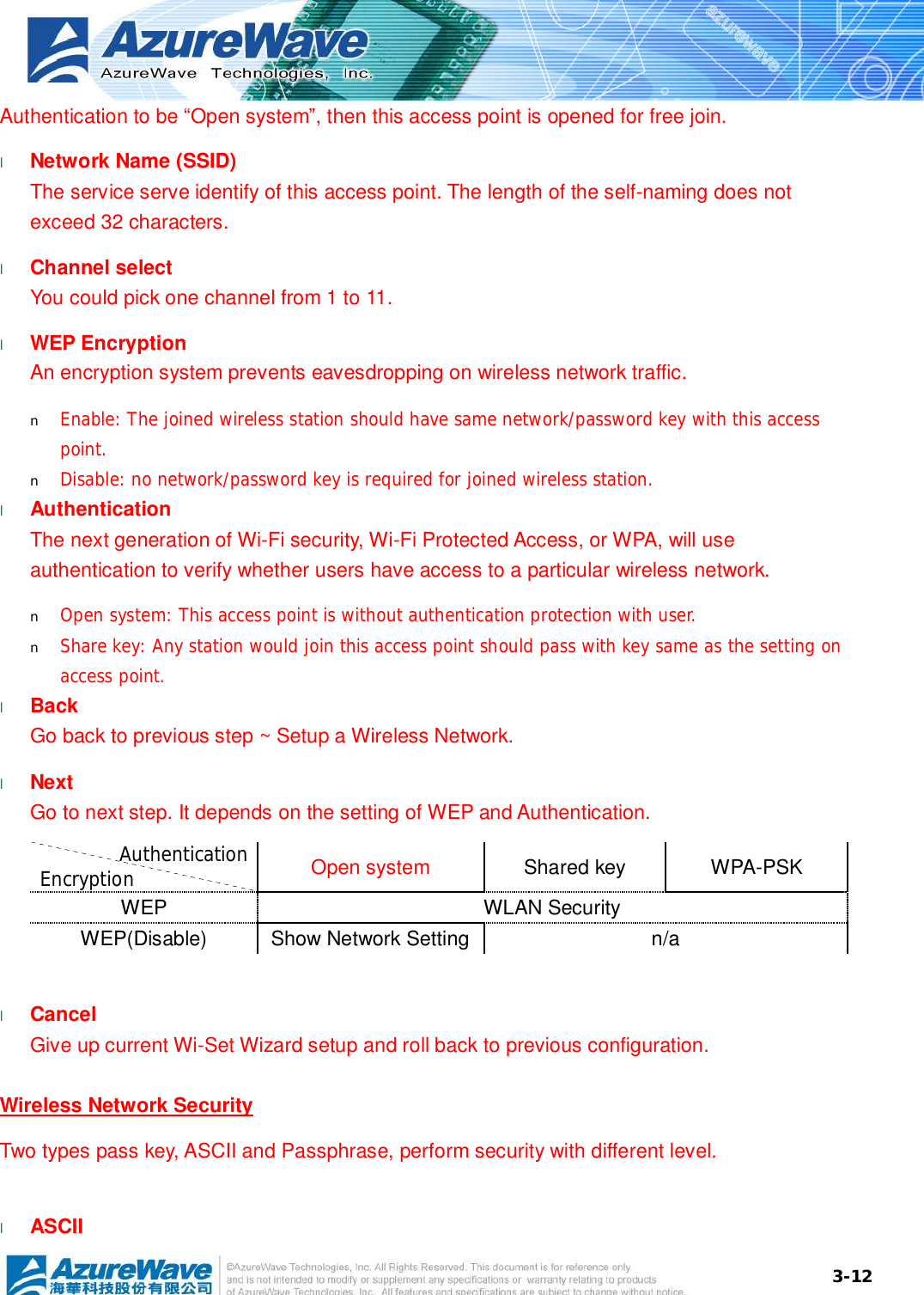  3-12Authentication to be “Open system”, then this access point is opened for free join. l  Network Name (SSID) The service serve identify of this access point. The length of the self-naming does not exceed 32 characters. l  Channel select You could pick one channel from 1 to 11. l  WEP Encryption An encryption system prevents eavesdropping on wireless network traffic.  n  Enable: The joined wireless station should have same network/password key with this access point. n  Disable: no network/password key is required for joined wireless station. l  Authentication The next generation of Wi-Fi security, Wi-Fi Protected Access, or WPA, will use authentication to verify whether users have access to a particular wireless network. n  Open system: This access point is without authentication protection with user. n  Share key: Any station would join this access point should pass with key same as the setting on access point. l  Back Go back to previous step ~ Setup a Wireless Network. l  Next Go to next step. It depends on the setting of WEP and Authentication. Authentication Encryption Open system  Shared key  WPA-PSK WEP  WLAN Security WEP(Disable)  Show Network Setting n/a  l  Cancel Give up current Wi-Set Wizard setup and roll back to previous configuration.  Wireless Network Security Two types pass key, ASCII and Passphrase, perform security with different level.  l  ASCII 