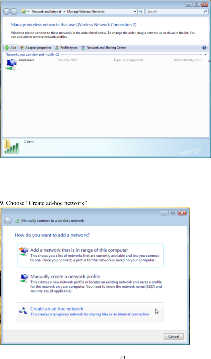 [鍵入文字]  33       9. Choose “Create ad-hoc network”   