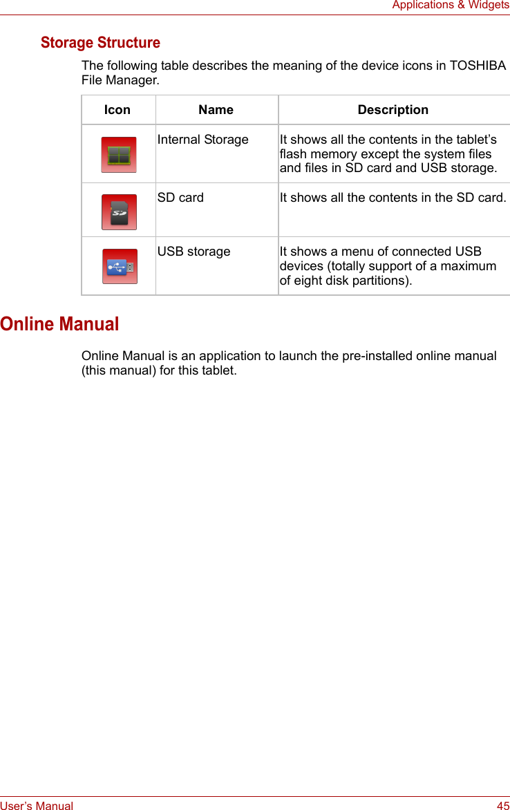 User’s Manual 45Applications &amp; WidgetsStorage StructureThe following table describes the meaning of the device icons in TOSHIBA File Manager.Online ManualOnline Manual is an application to launch the pre-installed online manual (this manual) for this tablet.Icon Name DescriptionInternal Storage It shows all the contents in the tablet’s flash memory except the system files and files in SD card and USB storage.SD card It shows all the contents in the SD card.USB storage It shows a menu of connected USB devices (totally support of a maximum of eight disk partitions).