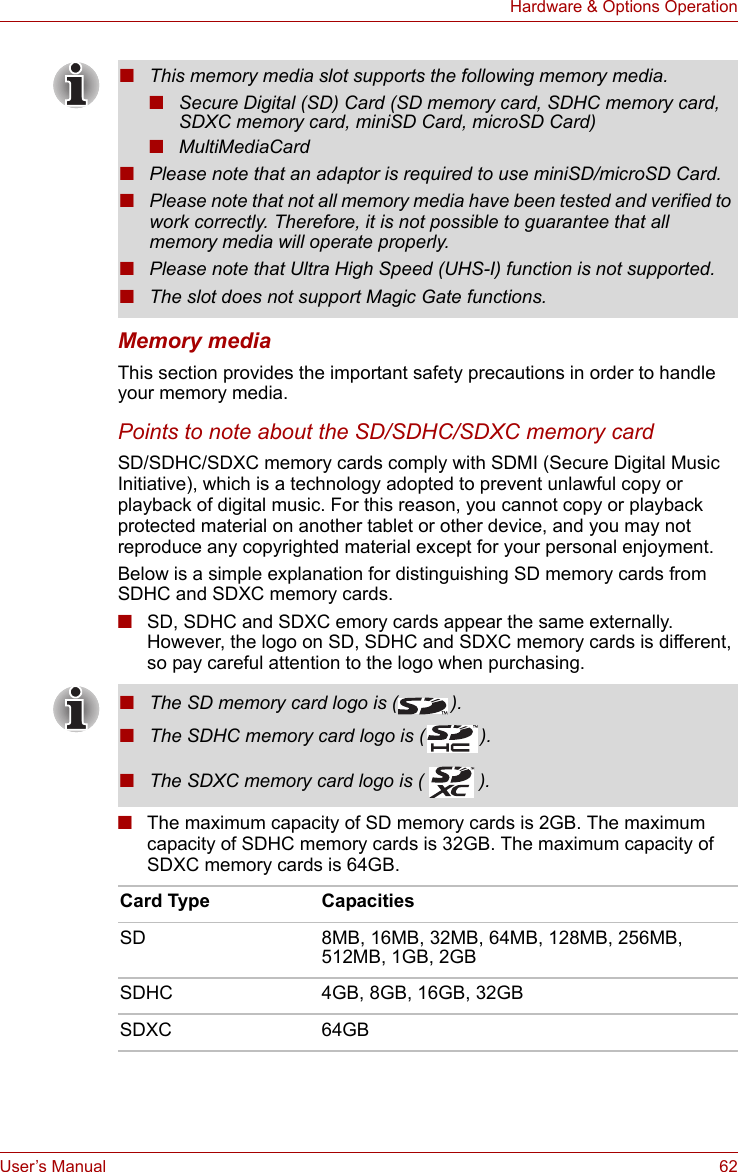 User’s Manual 62Hardware &amp; Options OperationMemory mediaThis section provides the important safety precautions in order to handle your memory media.Points to note about the SD/SDHC/SDXC memory cardSD/SDHC/SDXC memory cards comply with SDMI (Secure Digital Music Initiative), which is a technology adopted to prevent unlawful copy or playback of digital music. For this reason, you cannot copy or playback protected material on another tablet or other device, and you may not reproduce any copyrighted material except for your personal enjoyment.Below is a simple explanation for distinguishing SD memory cards from SDHC and SDXC memory cards.■SD, SDHC and SDXC emory cards appear the same externally. However, the logo on SD, SDHC and SDXC memory cards is different, so pay careful attention to the logo when purchasing.■The maximum capacity of SD memory cards is 2GB. The maximum capacity of SDHC memory cards is 32GB. The maximum capacity of SDXC memory cards is 64GB.■This memory media slot supports the following memory media.■Secure Digital (SD) Card (SD memory card, SDHC memory card, SDXC memory card, miniSD Card, microSD Card)■MultiMediaCard■Please note that an adaptor is required to use miniSD/microSD Card.■Please note that not all memory media have been tested and verified to work correctly. Therefore, it is not possible to guarantee that all memory media will operate properly.■Please note that Ultra High Speed (UHS-I) function is not supported.■The slot does not support Magic Gate functions.■The SD memory card logo is ( ).■The SDHC memory card logo is ( ).■The SDXC memory card logo is ( ).Card Type CapacitiesSD 8MB, 16MB, 32MB, 64MB, 128MB, 256MB, 512MB, 1GB, 2GBSDHC 4GB, 8GB, 16GB, 32GBSDXC 64GB