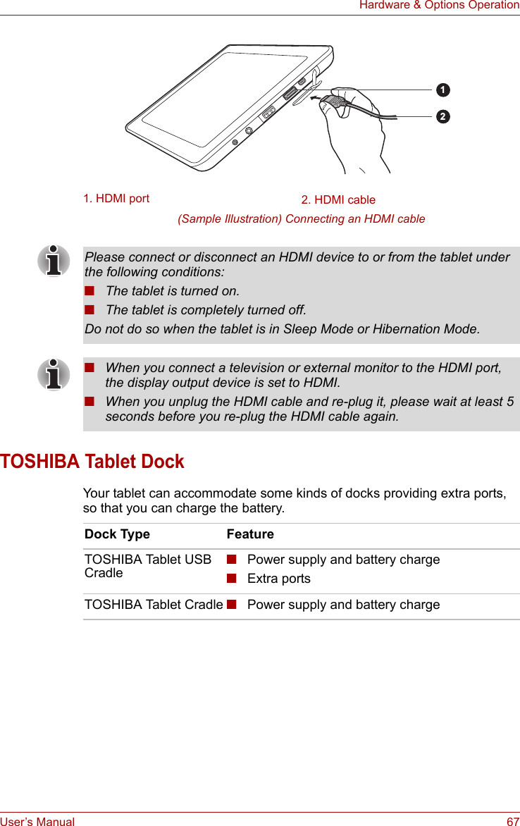 User’s Manual 67Hardware &amp; Options Operation(Sample Illustration) Connecting an HDMI cableTOSHIBA Tablet DockYour tablet can accommodate some kinds of docks providing extra ports, so that you can charge the battery.1. HDMI port 2. HDMI cable12Please connect or disconnect an HDMI device to or from the tablet under the following conditions:■The tablet is turned on.■The tablet is completely turned off.Do not do so when the tablet is in Sleep Mode or Hibernation Mode.■When you connect a television or external monitor to the HDMI port, the display output device is set to HDMI.■When you unplug the HDMI cable and re-plug it, please wait at least 5 seconds before you re-plug the HDMI cable again.Dock Type FeatureTOSHIBA Tablet USB Cradle■Power supply and battery charge■Extra portsTOSHIBA Tablet Cradle ■Power supply and battery charge