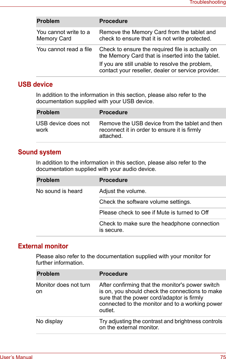 User’s Manual 75TroubleshootingUSB deviceIn addition to the information in this section, please also refer to the documentation supplied with your USB device.Sound systemIn addition to the information in this section, please also refer to the documentation supplied with your audio device.External monitorPlease also refer to the documentation supplied with your monitor for further information.You cannot write to a Memory CardRemove the Memory Card from the tablet and check to ensure that it is not write protected.You cannot read a file Check to ensure the required file is actually on the Memory Card that is inserted into the tablet.If you are still unable to resolve the problem, contact your reseller, dealer or service provider.Problem ProcedureProblem ProcedureUSB device does not workRemove the USB device from the tablet and then reconnect it in order to ensure it is firmly attached.Problem ProcedureNo sound is heard Adjust the volume.Check the software volume settings.Please check to see if Mute is turned to OffCheck to make sure the headphone connection is secure.Problem ProcedureMonitor does not turn on After confirming that the monitor&apos;s power switch is on, you should check the connections to make sure that the power cord/adaptor is firmly connected to the monitor and to a working power outlet.No display Try adjusting the contrast and brightness controls on the external monitor.
