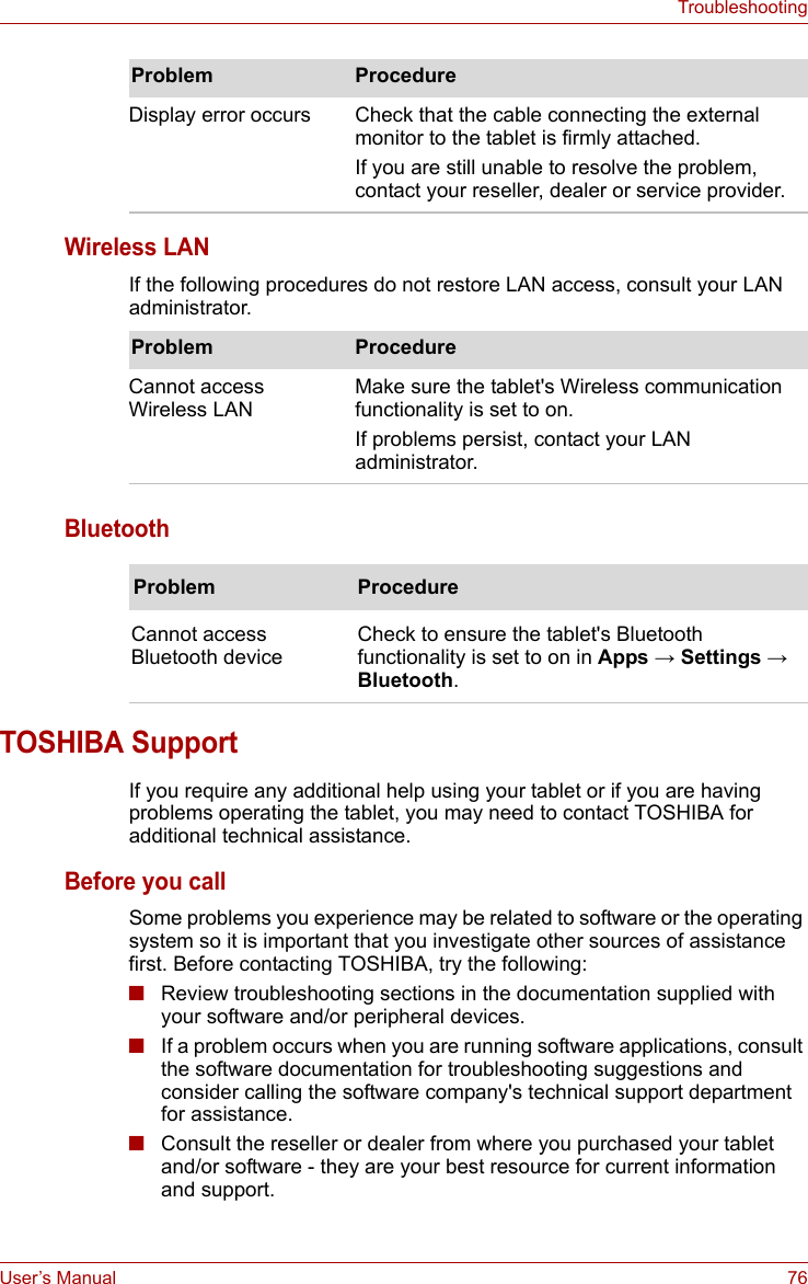 User’s Manual 76TroubleshootingWireless LANIf the following procedures do not restore LAN access, consult your LAN administrator. BluetoothTOSHIBA SupportIf you require any additional help using your tablet or if you are having problems operating the tablet, you may need to contact TOSHIBA for additional technical assistance.Before you callSome problems you experience may be related to software or the operating system so it is important that you investigate other sources of assistance first. Before contacting TOSHIBA, try the following:■Review troubleshooting sections in the documentation supplied with your software and/or peripheral devices.■If a problem occurs when you are running software applications, consult the software documentation for troubleshooting suggestions and consider calling the software company&apos;s technical support department for assistance.■Consult the reseller or dealer from where you purchased your tablet and/or software - they are your best resource for current information and support.Display error occurs Check that the cable connecting the external monitor to the tablet is firmly attached.If you are still unable to resolve the problem, contact your reseller, dealer or service provider.Problem ProcedureProblem ProcedureCannot access Wireless LANMake sure the tablet&apos;s Wireless communication functionality is set to on.If problems persist, contact your LAN administrator.Problem ProcedureCannot access Bluetooth deviceCheck to ensure the tablet&apos;s Bluetooth functionality is set to on in Apps → Settings → Bluetooth.