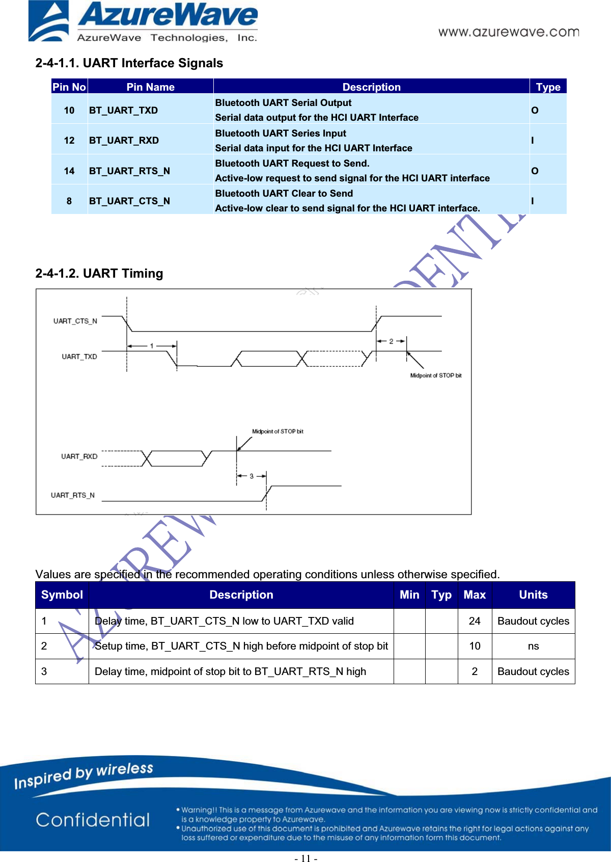 2-4-1.1. UART Interface Signals Pin No  Pin Name  Description  Type10  BT_UART_TXD  Bluetooth UART Serial Output Serial data output for the HCI UART Interface  O 12  BT_UART_RXD  Bluetooth UART Series Input Serial data input for the HCI UART Interface  I 14  BT_UART_RTS_N  Bluetooth UART Request to Send. Active-low request to send signal for the HCI UART interface  O 8  BT_UART_CTS_N  Bluetooth UART Clear to Send Active-low clear to send signal for the HCI UART interface.  I   2-4-1.2. UART Timing    Values are specified in the recommended operating conditions unless otherwise specified.Symbol  Description  Min Typ  Max  Units 1 Delay time, BT_UART_CTS_N low to UART_TXD valid  24  Baudout cycles2 Setup time, BT_UART_CTS_N high before midpoint of stop bit 10  ns3 Delay time, midpoint of stop bit to BT_UART_RTS_N high  2 Baudout cycles-11-