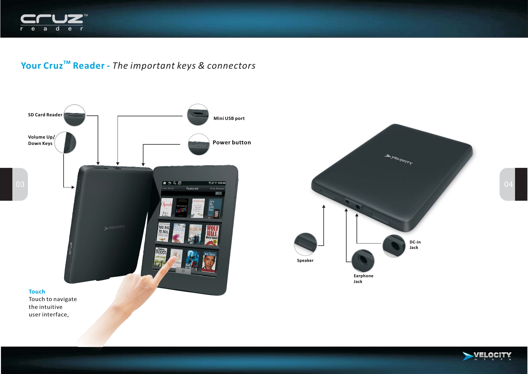 03 04Your Cruz Reader -TM The important keys &amp; connectorsSD Card ReaderVolume Up/Down KeysMini USB portPower buttonEarphoneJackDC-inJackSpeakerTouchTouch to navigatethe intuitiveuser interface,