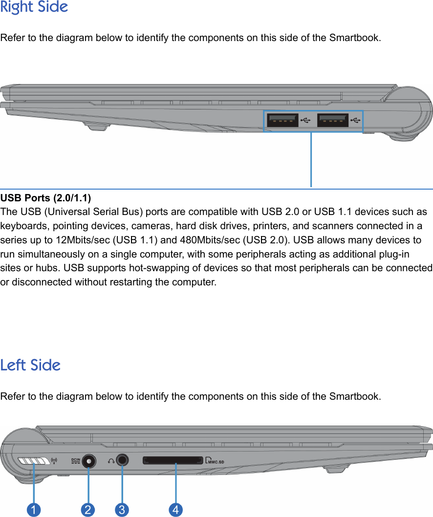 Right SideRefer to the diagram below to identify the components on this side of the Smartbook.USB Ports (2.0/1.1)The USB (Universal Serial Bus) ports are compatible with USB 2.0 or USB 1.1 devices such askeyboards, pointing devices, cameras, hard disk drives, printers, and scanners connected in aseries up to 12Mbits/sec (USB 1.1) and 480Mbits/sec (USB 2.0). USB allows many devices torun simultaneously on a single computer, with some peripherals acting as additional plug-insites or hubs. USB supports hot-swapping of devices so that most peripherals can be connectedor disconnected without restarting the computer.Left SideRefer to the diagram below to identify the components on this side of the Smartbook.