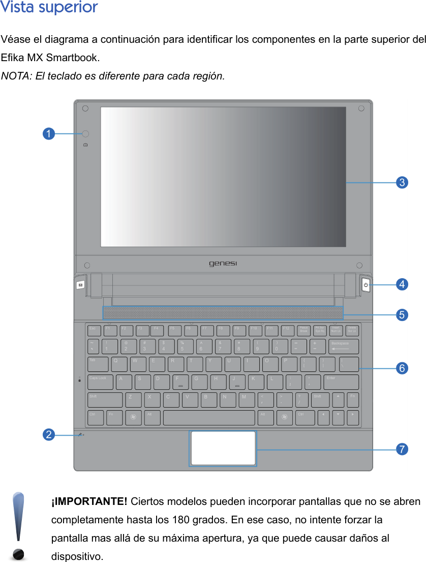 Vista superiorVéase el diagrama a continuación para identificar los componentes en la parte superior delEfika MX Smartbook.NOTA: El teclado es diferente para cada región.¡IMPORTANTE! Ciertos modelos pueden incorporar pantallas que no se abrencompletamente hasta los 180 grados. En ese caso, no intente forzar lapantalla mas allá de su máxima apertura, ya que puede causar daños aldispositivo.