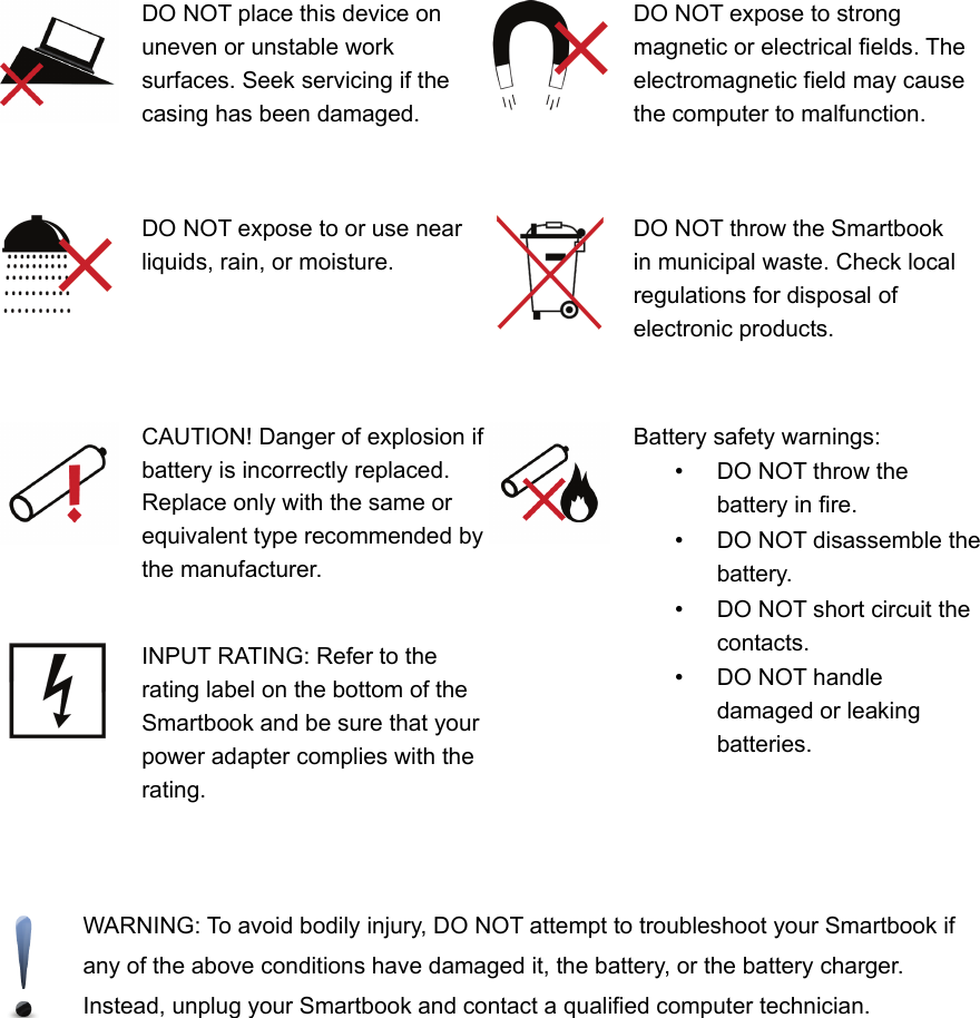 DO NOT place this device onuneven or unstable worksurfaces. Seek servicing if thecasing has been damaged.DO NOT expose to strongmagnetic or electrical fields. Theelectromagnetic field may causethe computer to malfunction.DO NOT expose to or use nearliquids, rain, or moisture.DO NOT throw the Smartbookin municipal waste. Check localregulations for disposal ofelectronic products.CAUTION! Danger of explosion ifbattery is incorrectly replaced.Replace only with the same orequivalent type recommended bythe manufacturer.  Battery safety warnings:•DO NOT throw thebattery in fire.•DO NOT disassemble thebattery.•DO NOT short circuit thecontacts.•DO NOT handledamaged or leakingbatteries.INPUT RATING: Refer to therating label on the bottom of theSmartbook and be sure that yourpower adapter complies with therating.WARNING: To avoid bodily injury, DO NOT attempt to troubleshoot your Smartbook ifany of the above conditions have damaged it, the battery, or the battery charger.Instead, unplug your Smartbook and contact a qualified computer technician.